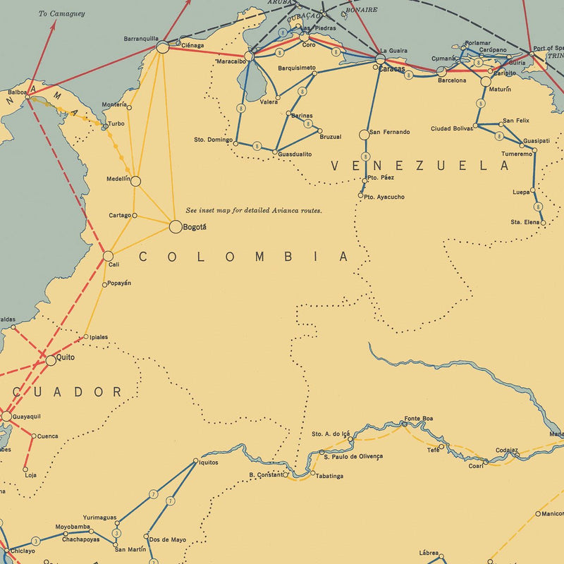 Air Lines in South America with Avianca Routes 1943 - Muir Way - Vintage Map