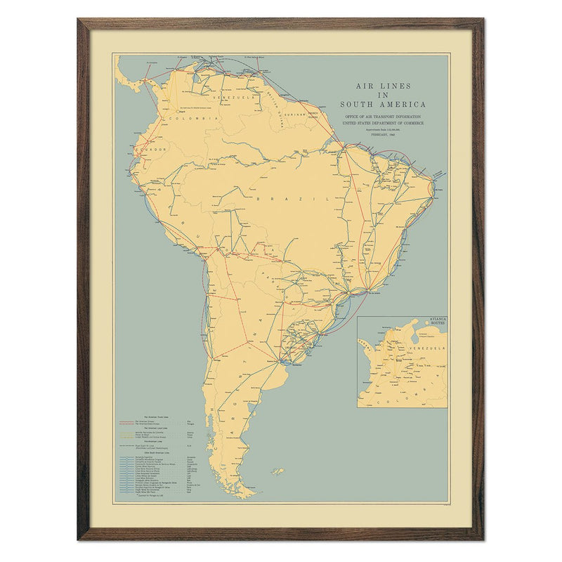 Air Lines in South America with Avianca Routes 1943 - Muir Way - Vintage Map