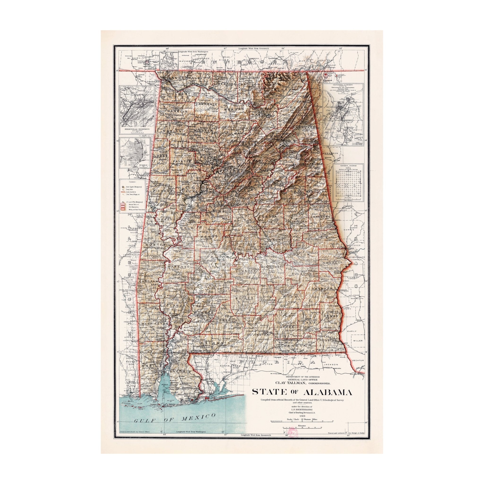 Alabama 1915 Shaded Relief Map - Muir Way - Vintage Relief