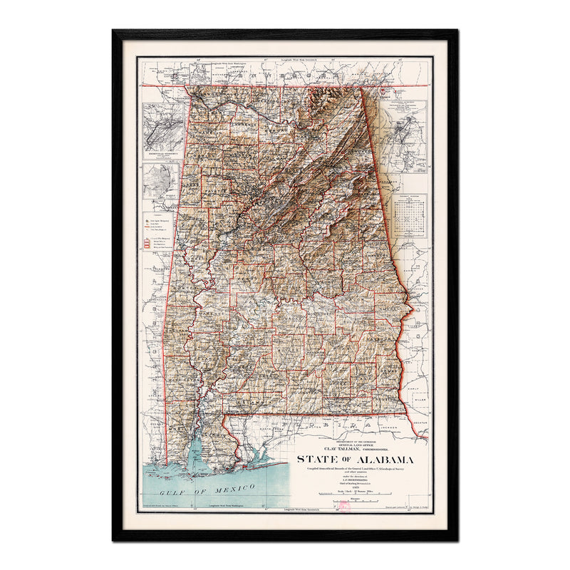 Alabama 1915 Shaded Relief Map - Muir Way - Vintage Relief