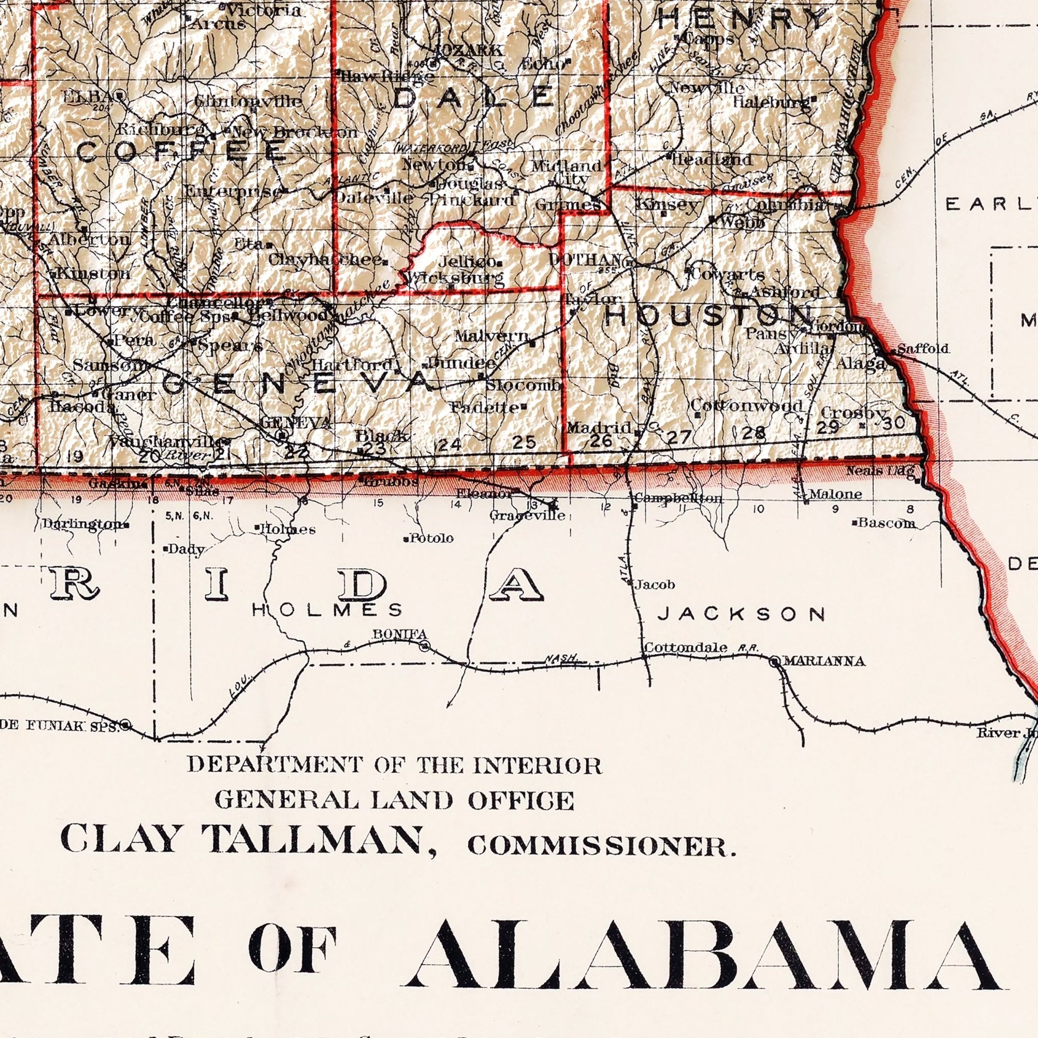 Alabama 1915 Shaded Relief Map - Muir Way - Vintage Relief