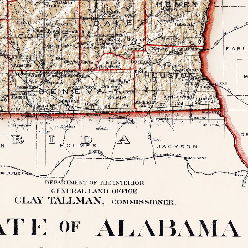 Alabama 1915 Shaded Relief Map - Muir Way - Vintage Relief