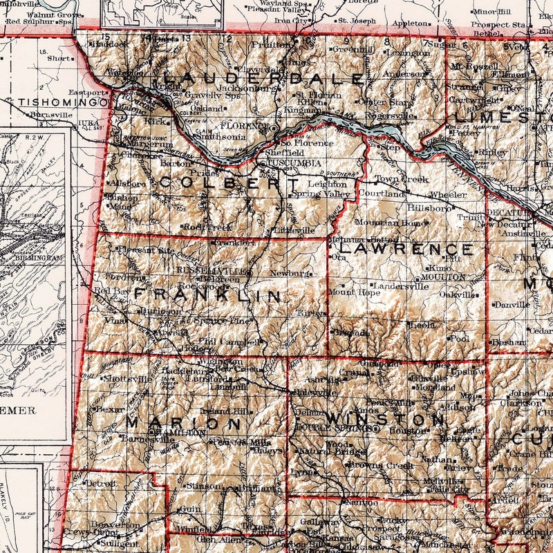 Alabama 1915 Shaded Relief Map - Muir Way - Vintage Relief