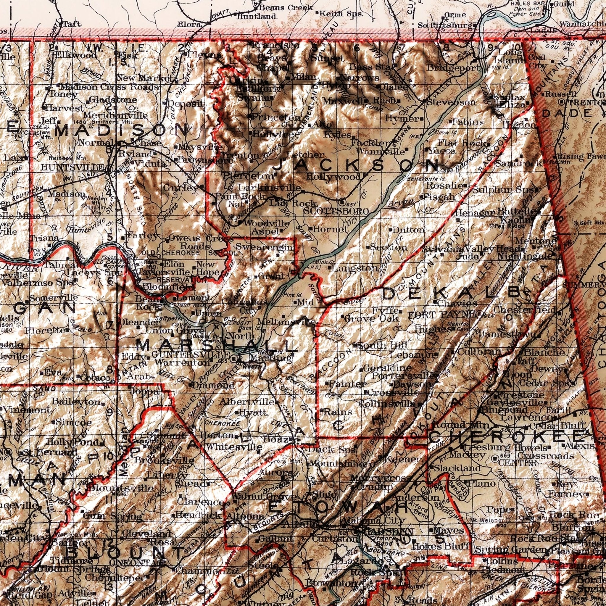 Alabama 1915 Shaded Relief Map - Muir Way - Vintage Relief