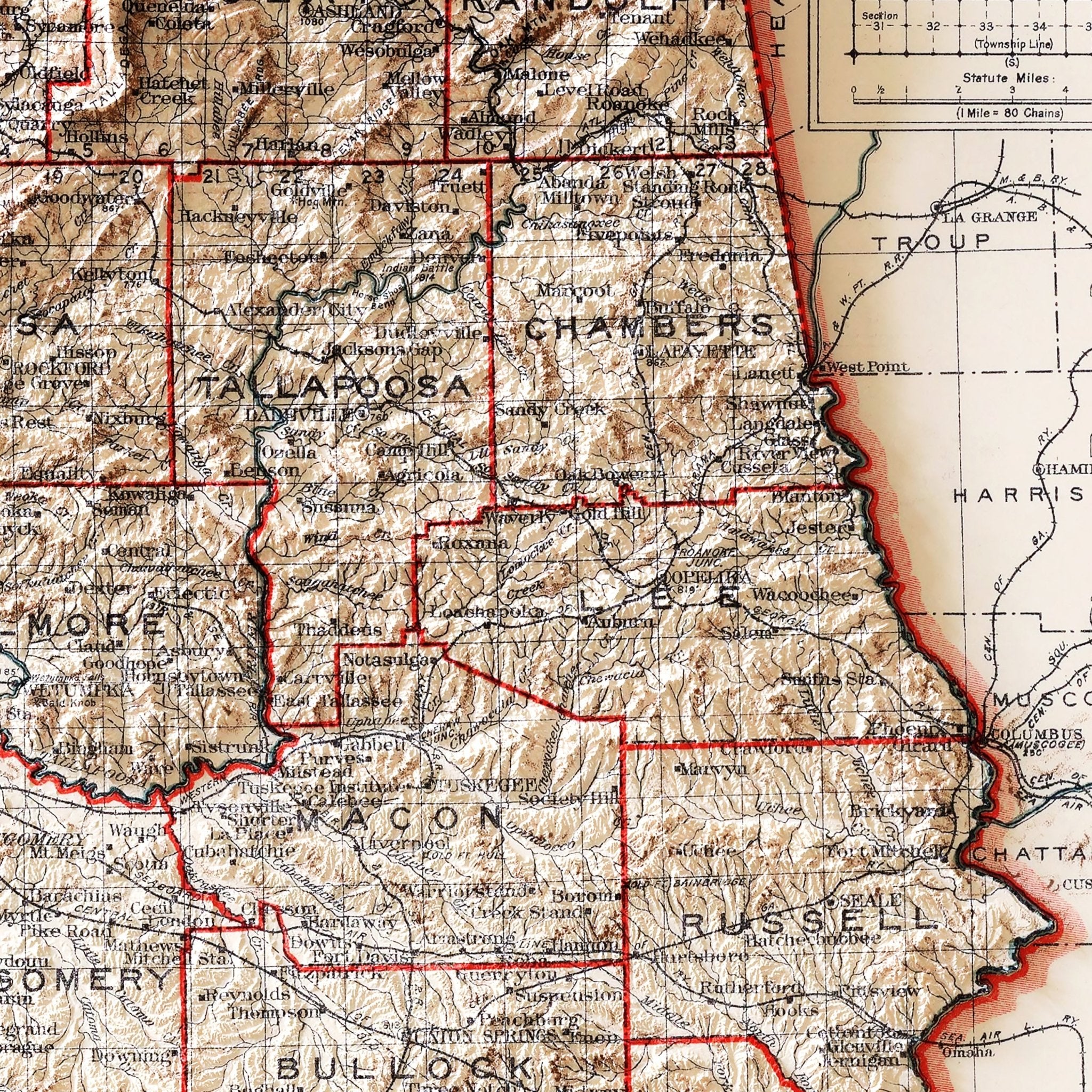 Alabama 1915 Shaded Relief Map - Muir Way - Vintage Relief