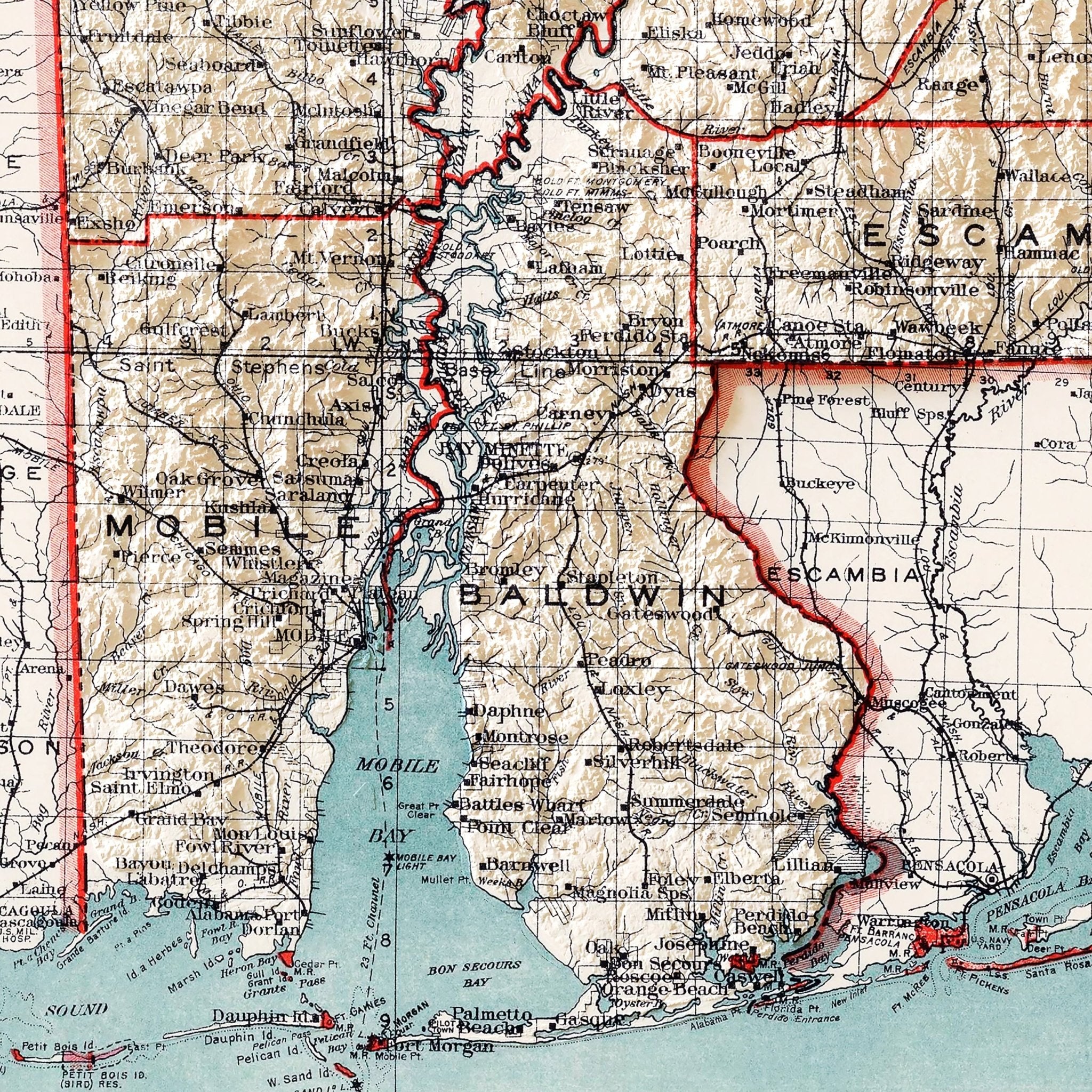 Alabama 1915 Shaded Relief Map - Muir Way - Vintage Relief