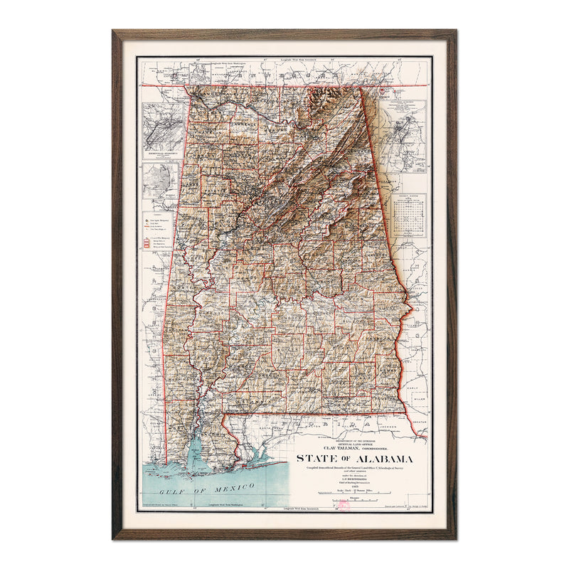 Alabama 1915 Shaded Relief Map - Muir Way - Vintage Relief