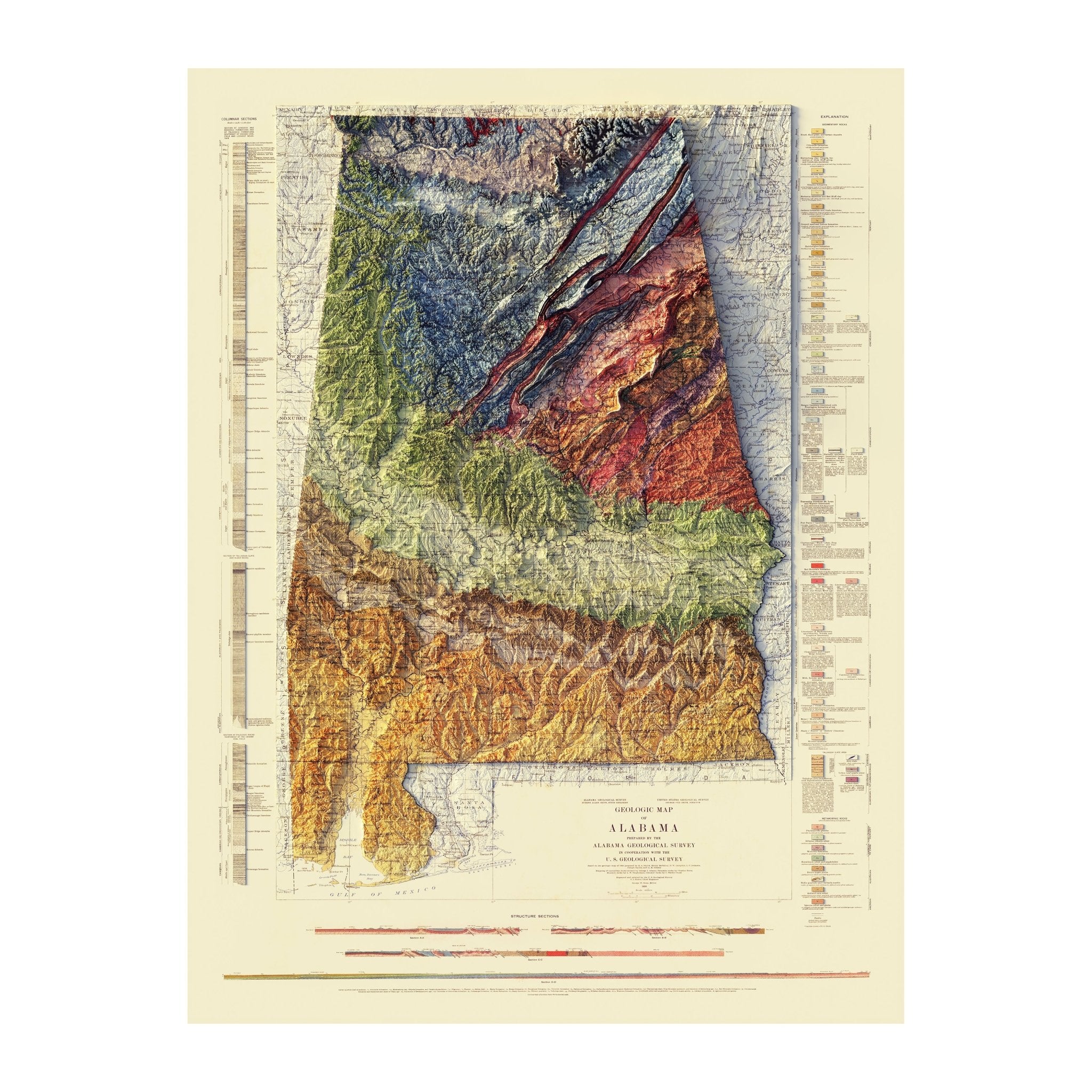 Alabama Geological 1926 Shaded Relief Map - Muir Way - Vintage Relief