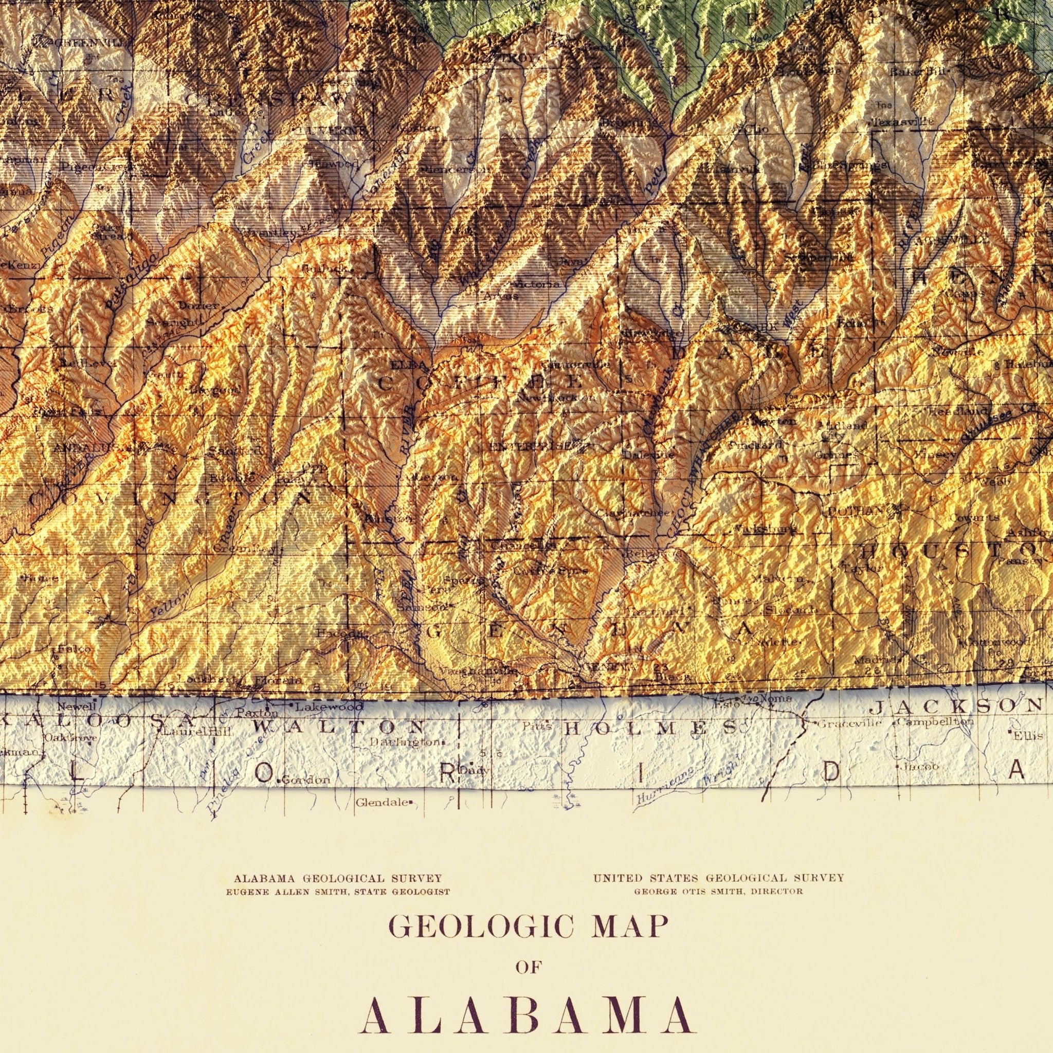 Alabama Geological 1926 Shaded Relief Map - Muir Way - Vintage Relief