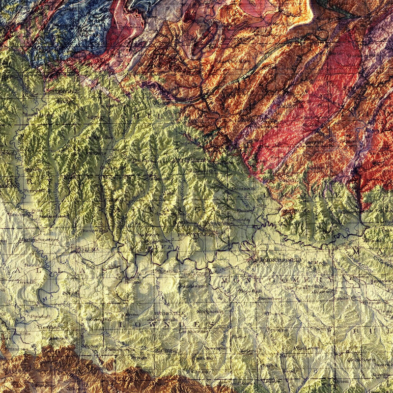 Alabama Geological 1926 Shaded Relief Map - Muir Way - Vintage Relief