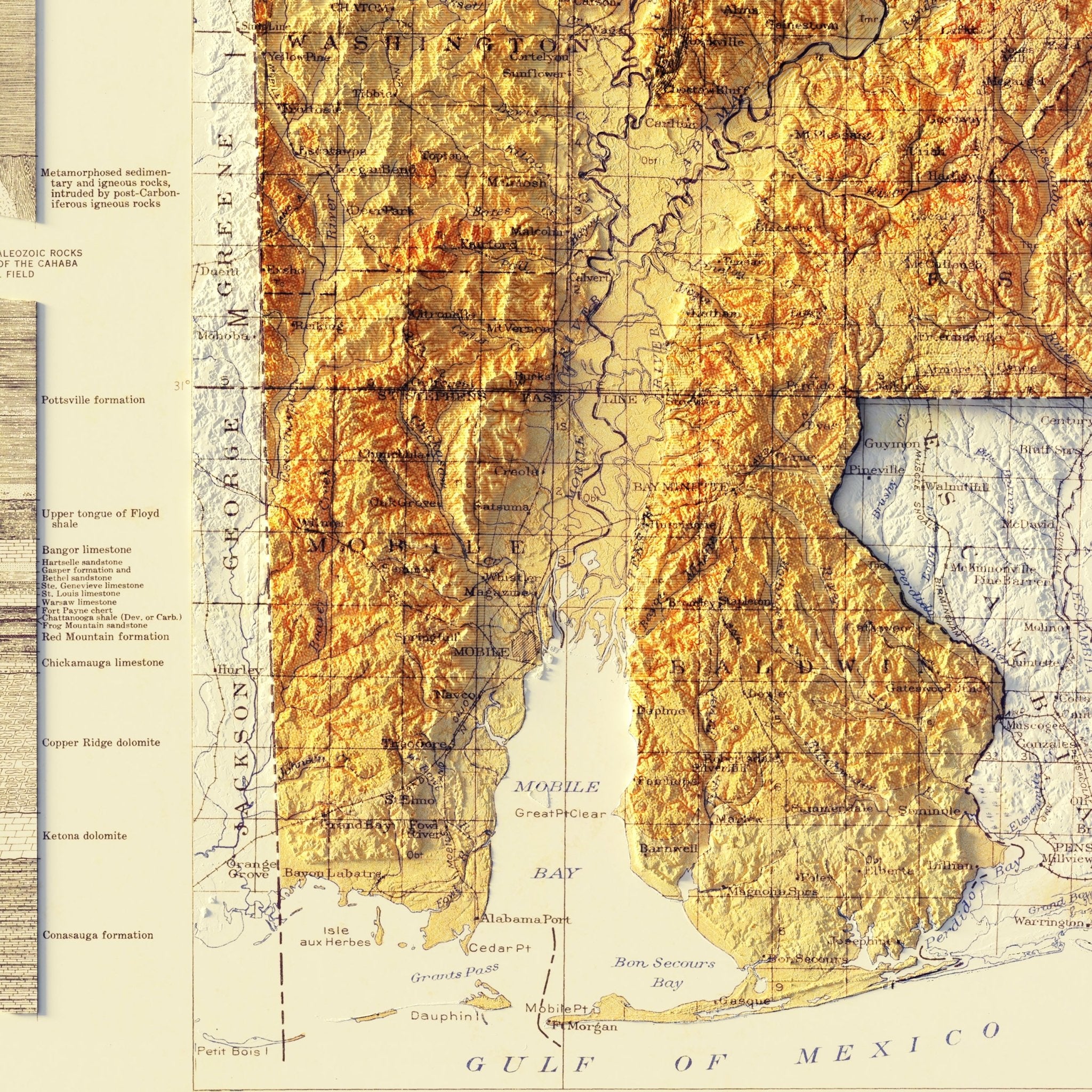 Alabama Geological 1926 Shaded Relief Map - Muir Way - Vintage Relief