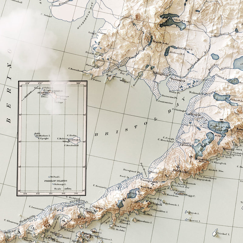 Alaska 1909 Shaded Relief Map - Muir Way - Vintage Relief