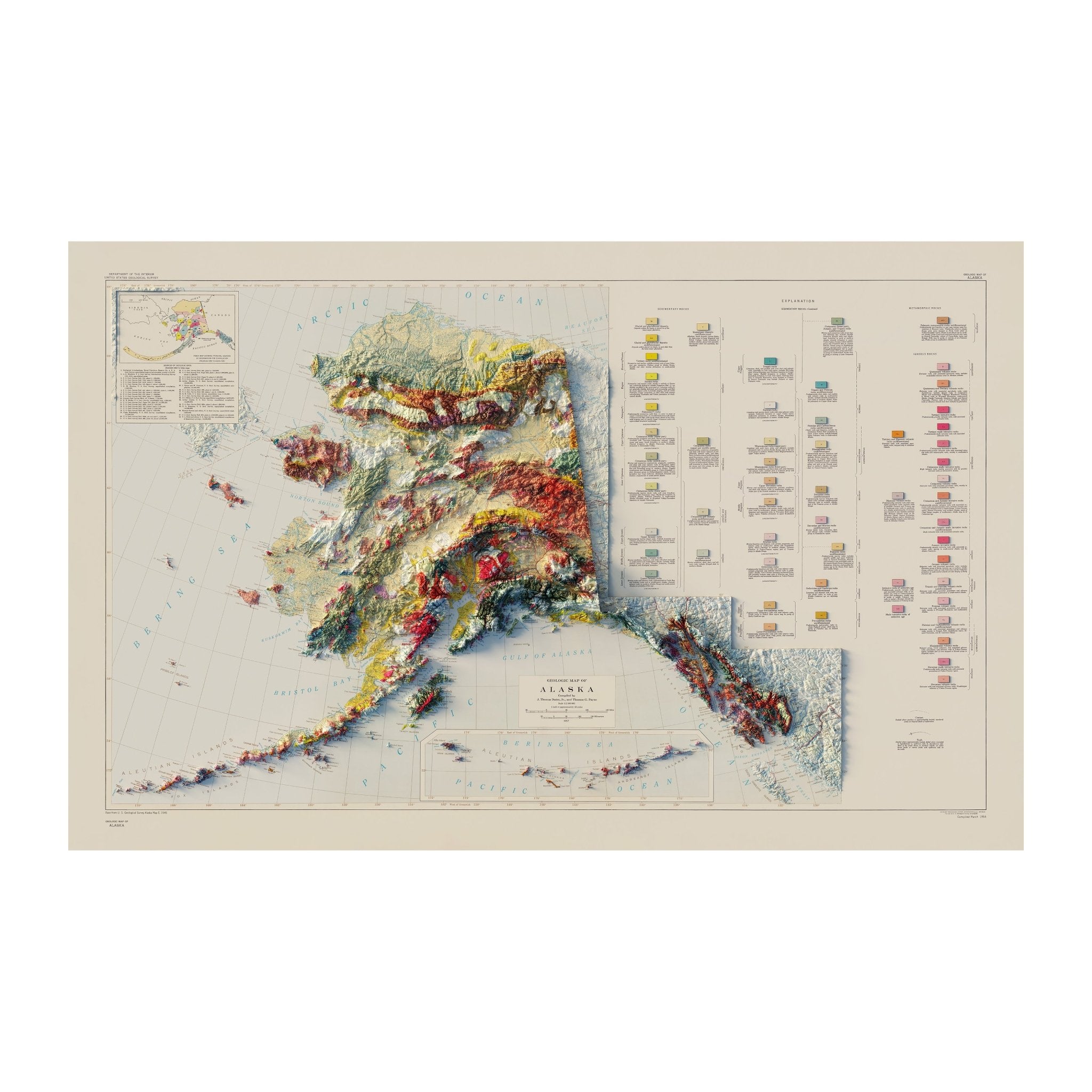 Alaska Geological 1957 Shaded Relief Map - Muir Way - Vintage Relief