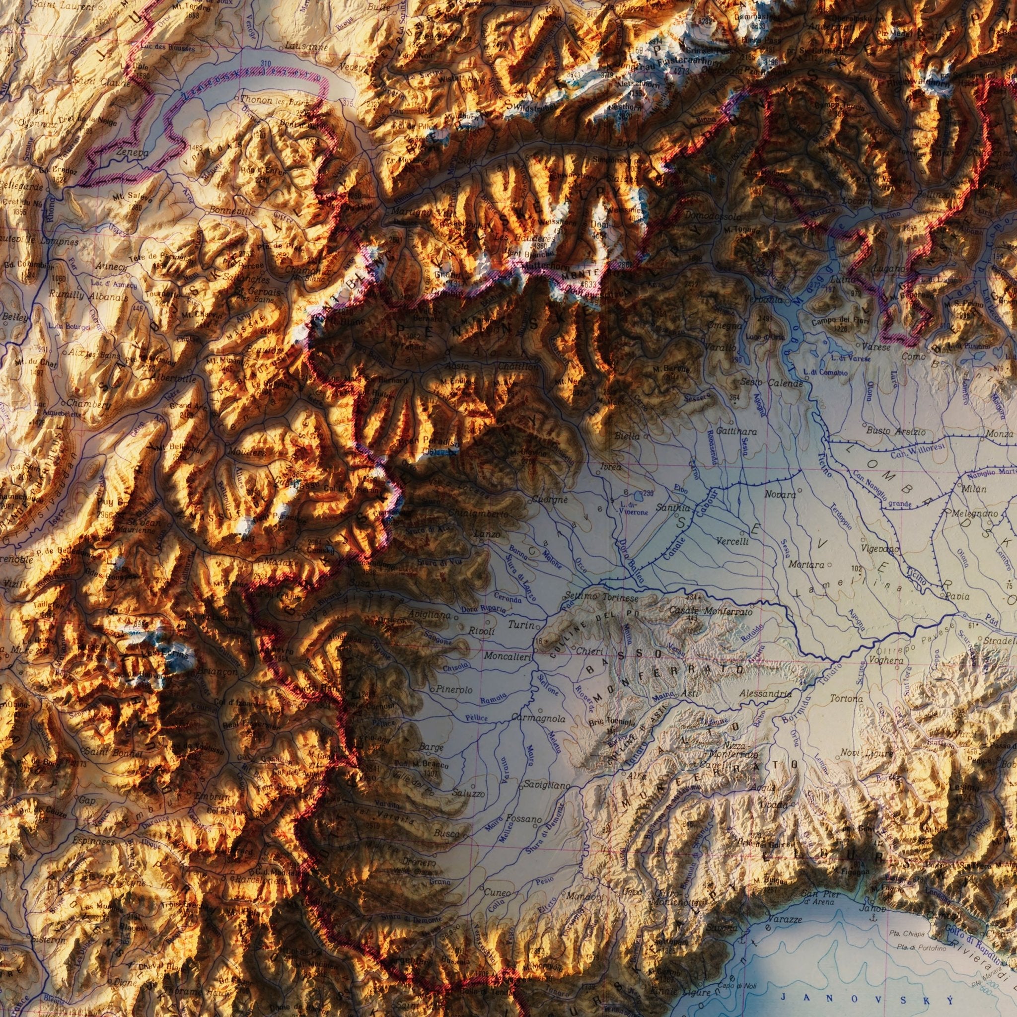 Alps 1965 Shaded Relief Map - Muir Way - Vintage Relief