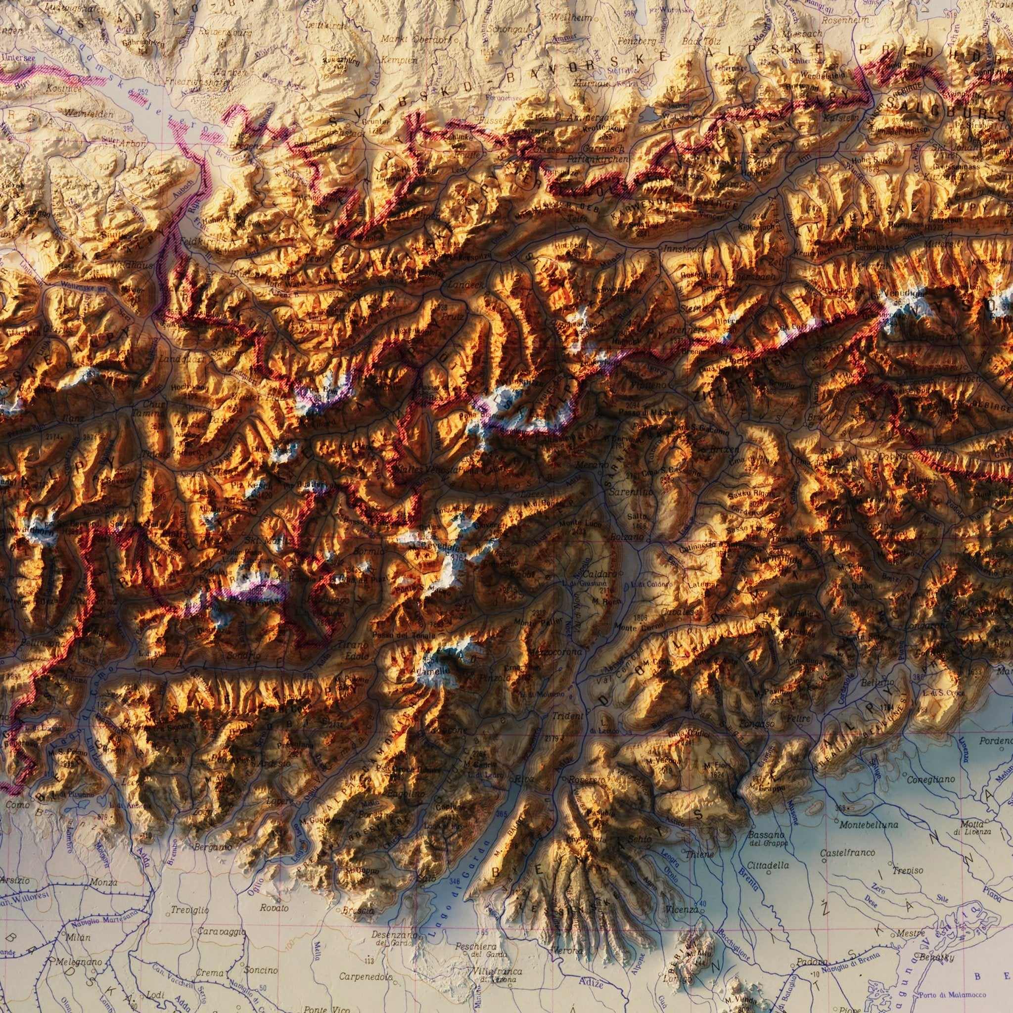 Alps 1965 Shaded Relief Map - Muir Way - Vintage Relief