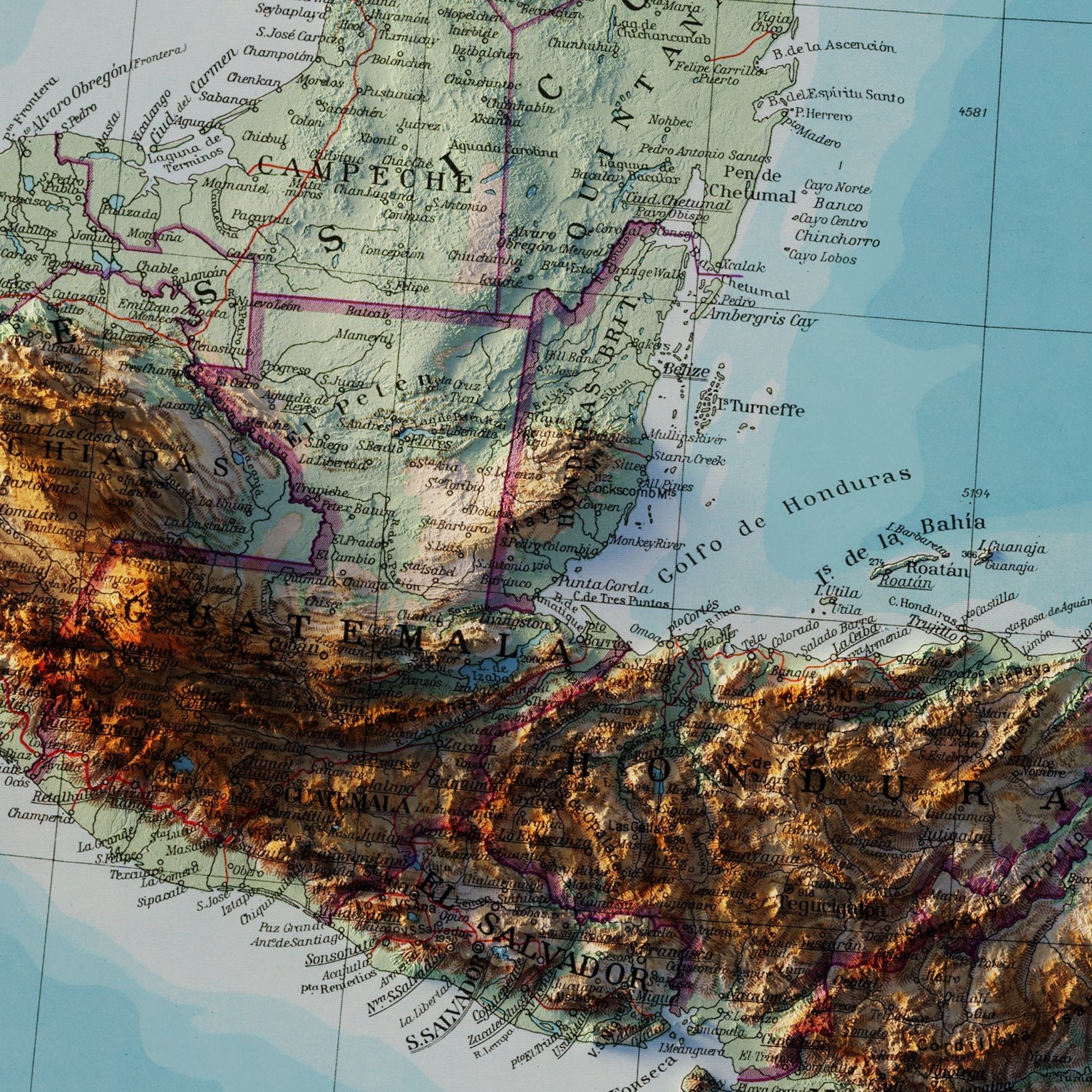 Central America 1952 Shaded Relief Map - Muir Way - Vintage Relief