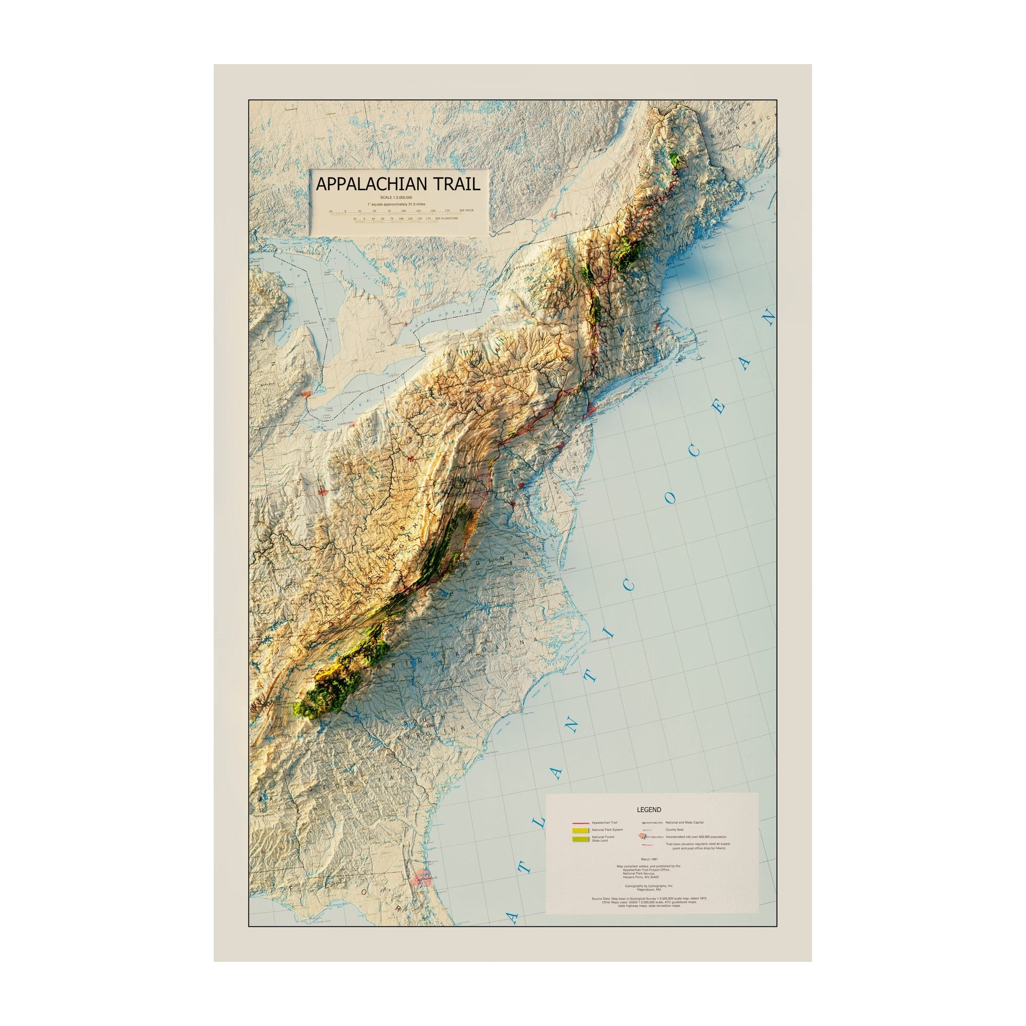 Appalachian Trail 1981 Shaded Relief Map - Muir Way - Vintage Relief