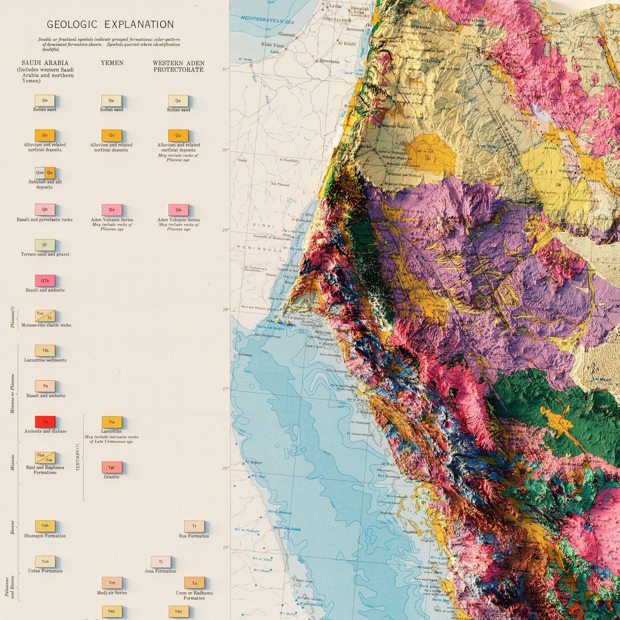 Arabian Peninsula 1963 Shaded Relief Map - Muir Way - Vintage Relief