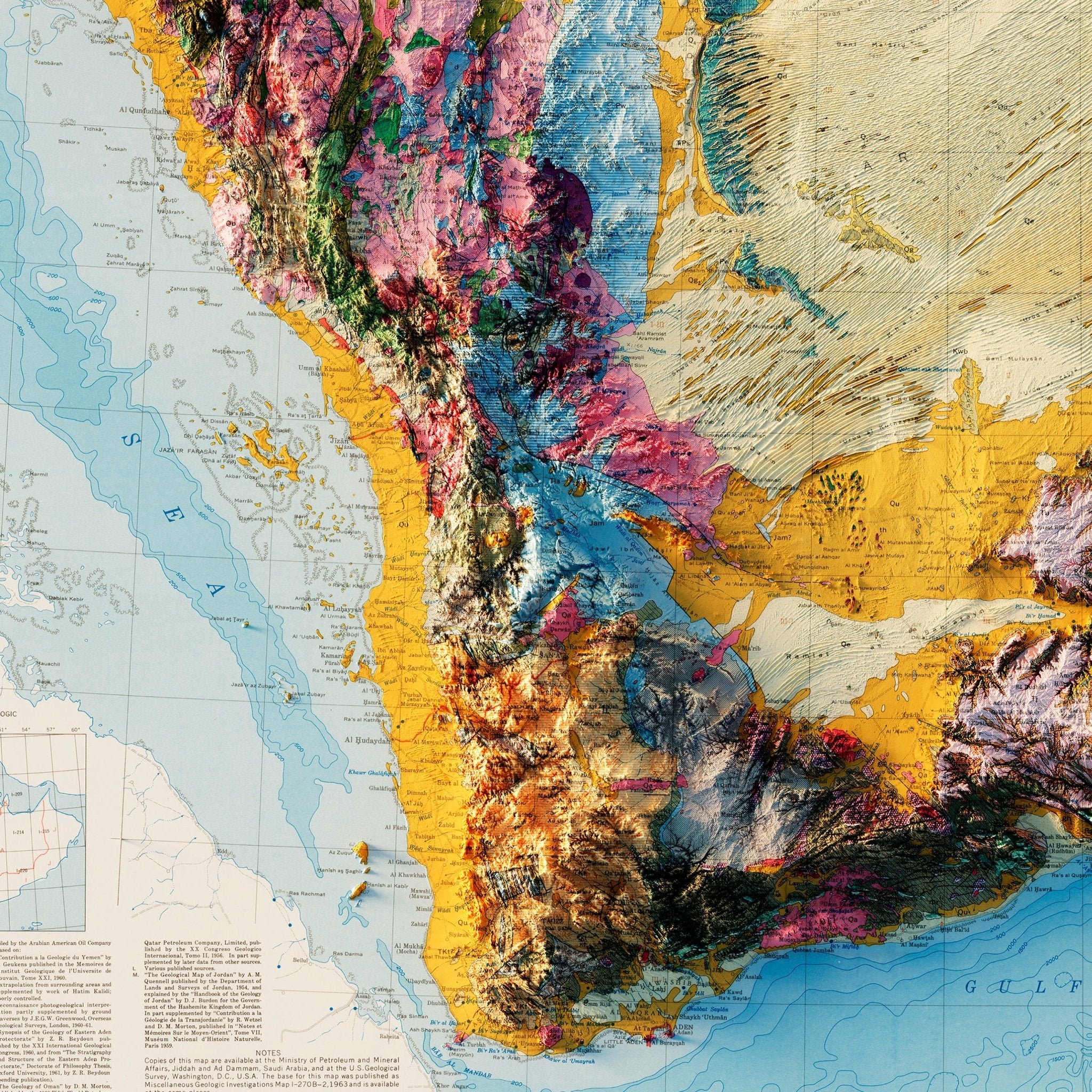 Arabian Peninsula 1963 Shaded Relief Map - Muir Way - Vintage Relief