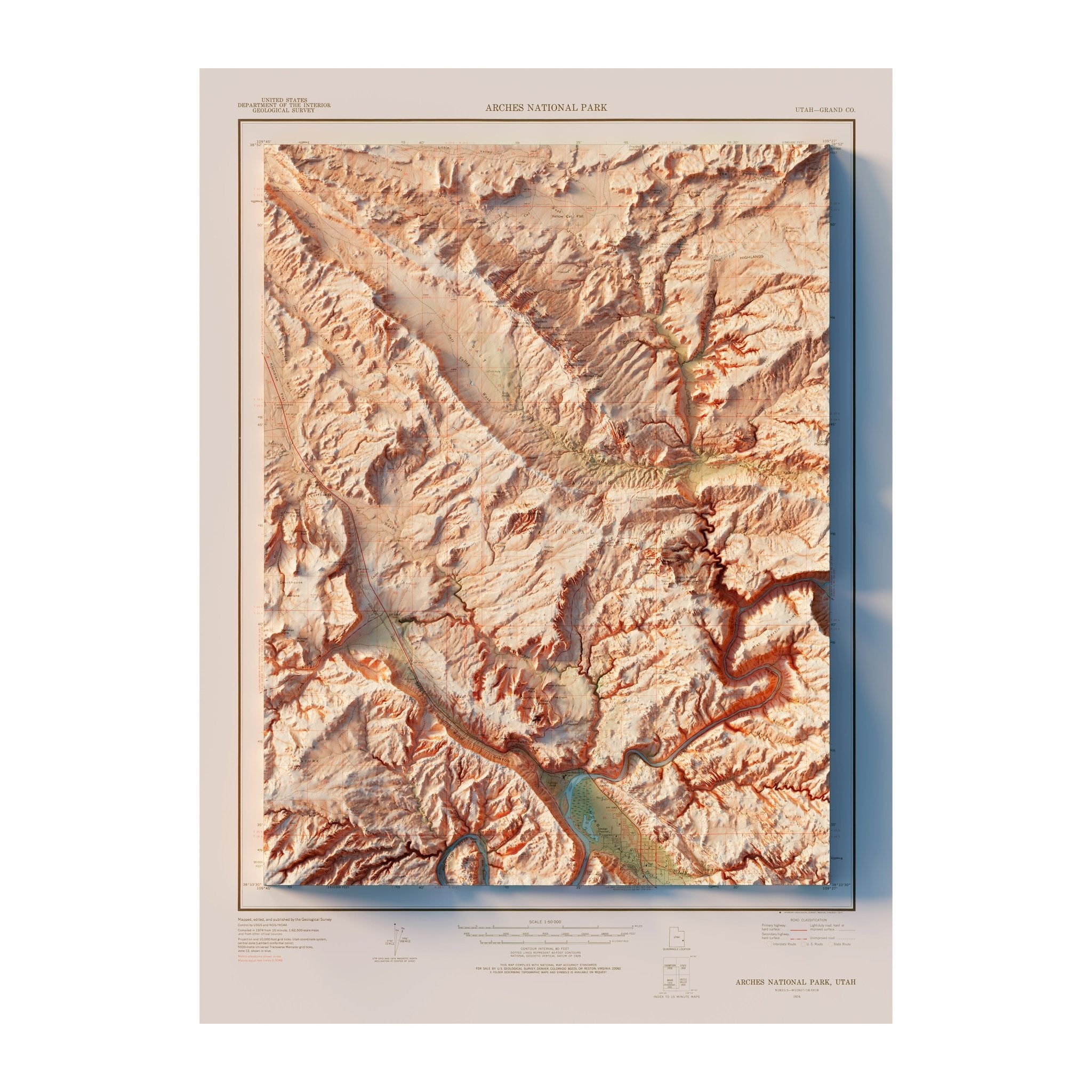 Arches National Park 1974 Shaded Relief Map - Muir Way - Vintage Relief