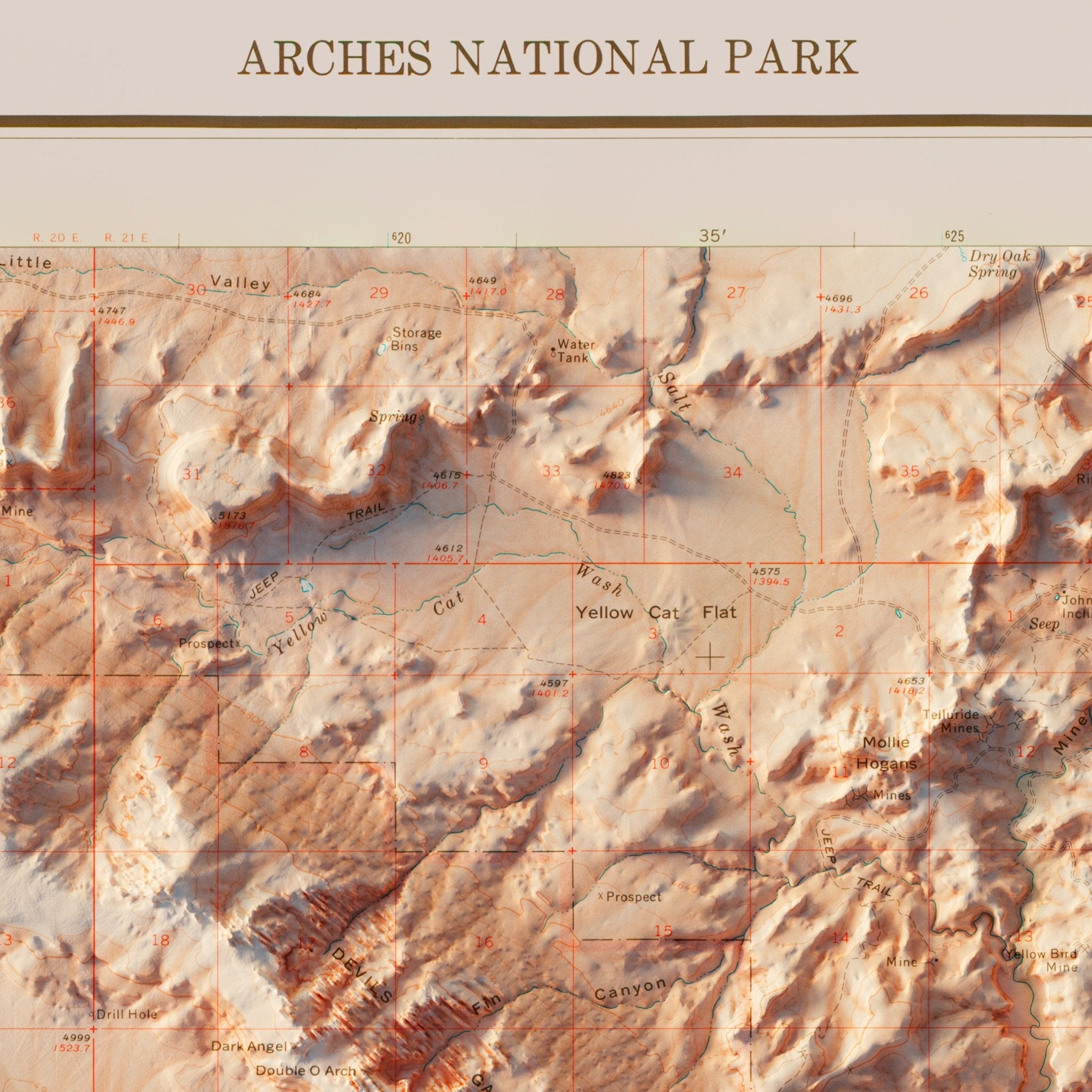 Arches National Park 1974 Shaded Relief Map - Muir Way - Vintage Relief