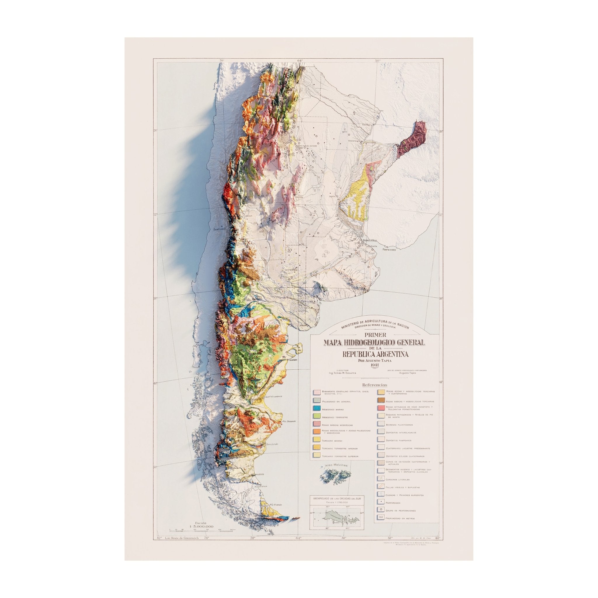 Argentina 1941 Shaded Relief Map - Muir Way - Vintage Relief