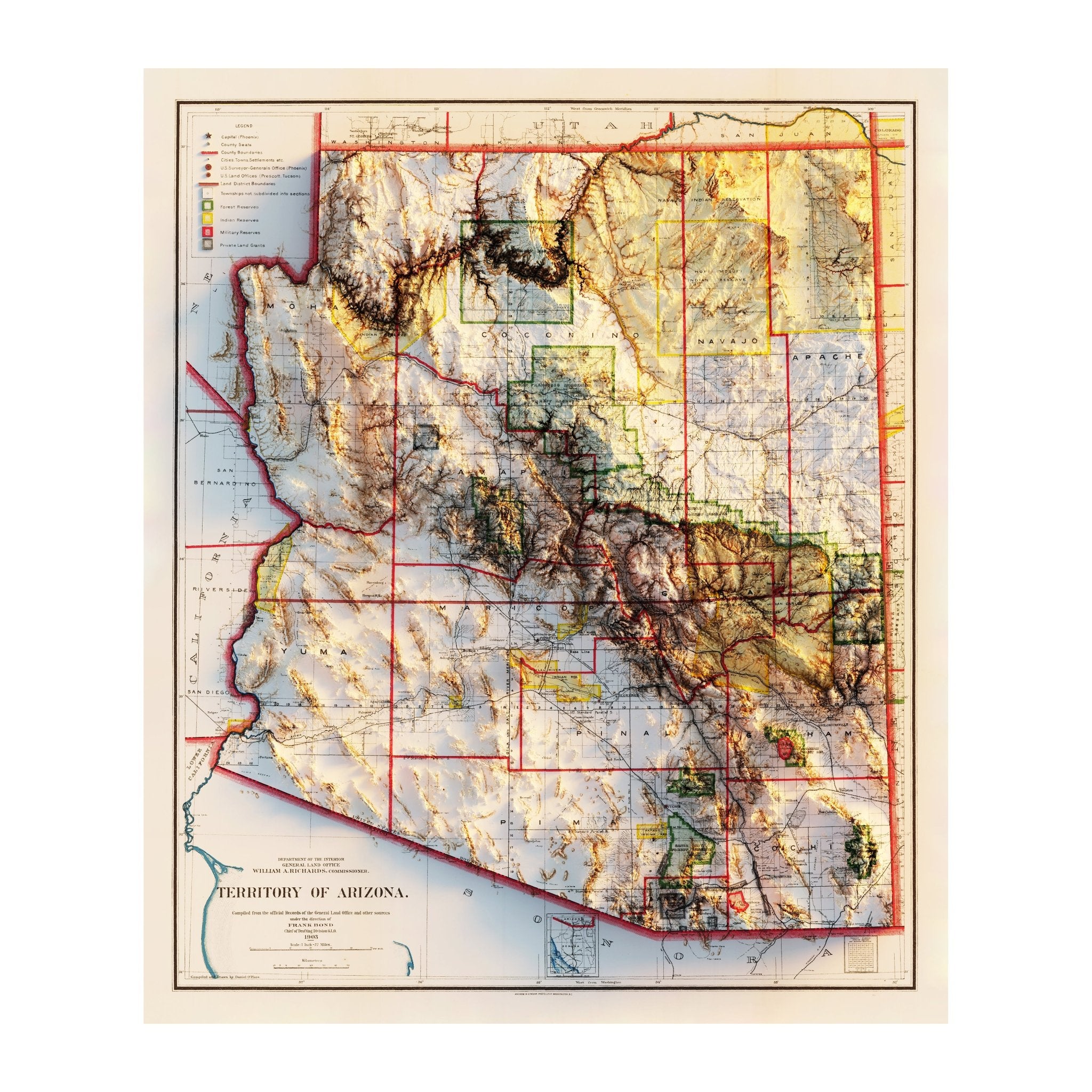 Arizona 1903 Shaded Relief Map - Muir Way - Vintage Relief