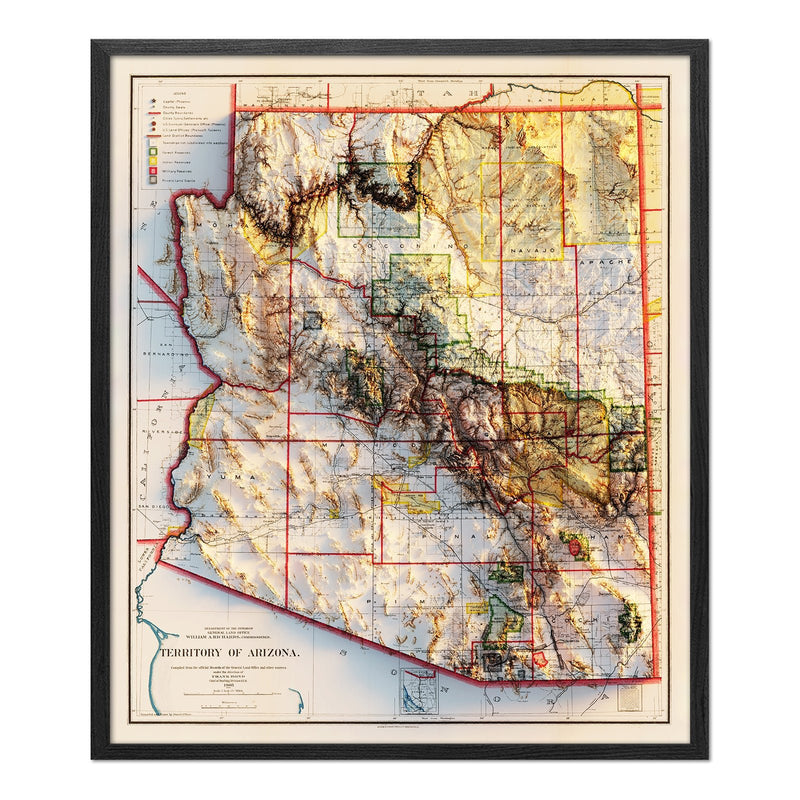 Arizona 1903 Shaded Relief Map - Muir Way - Vintage Relief