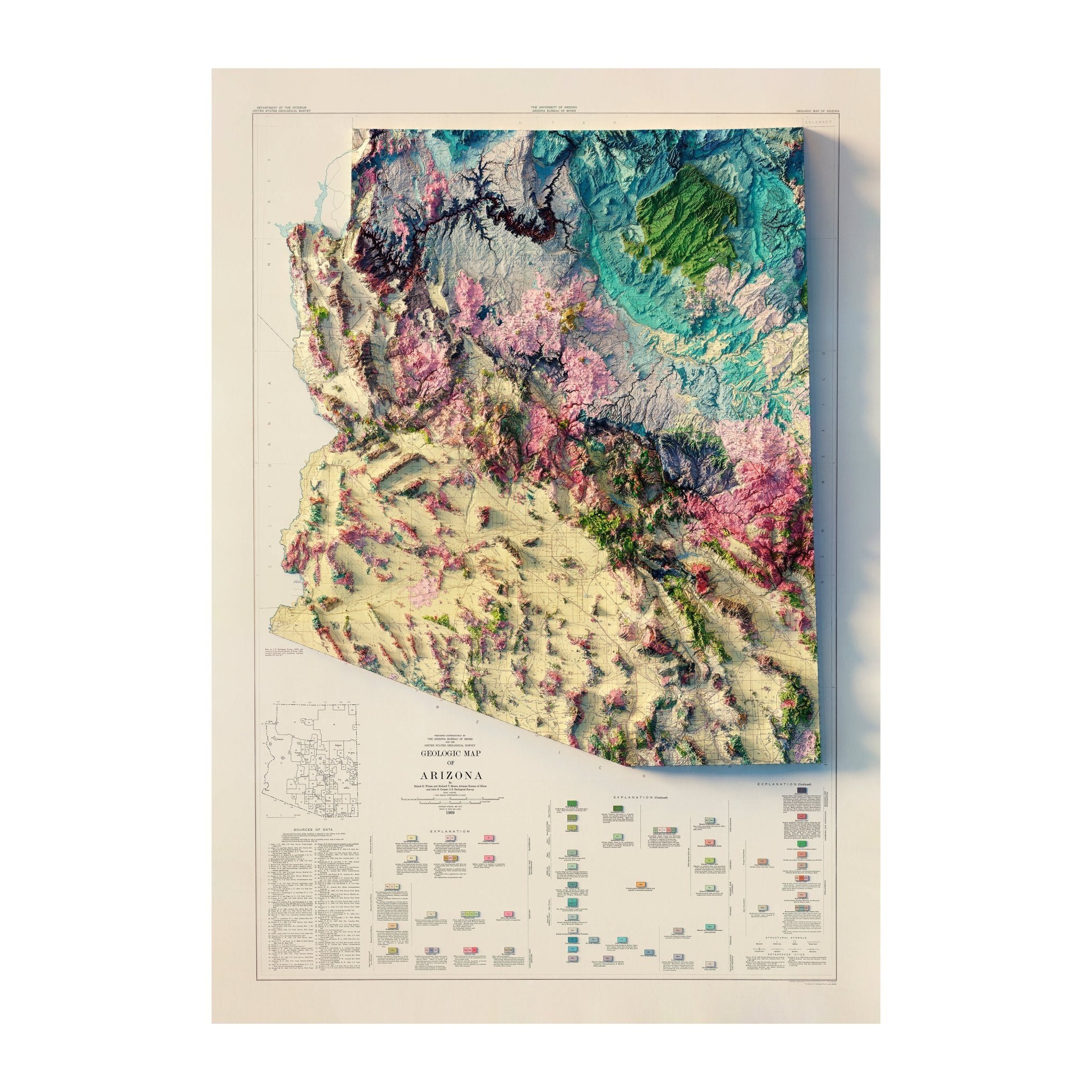 Arizona 1969 Shaded Relief Map - Muir Way - Vintage Relief