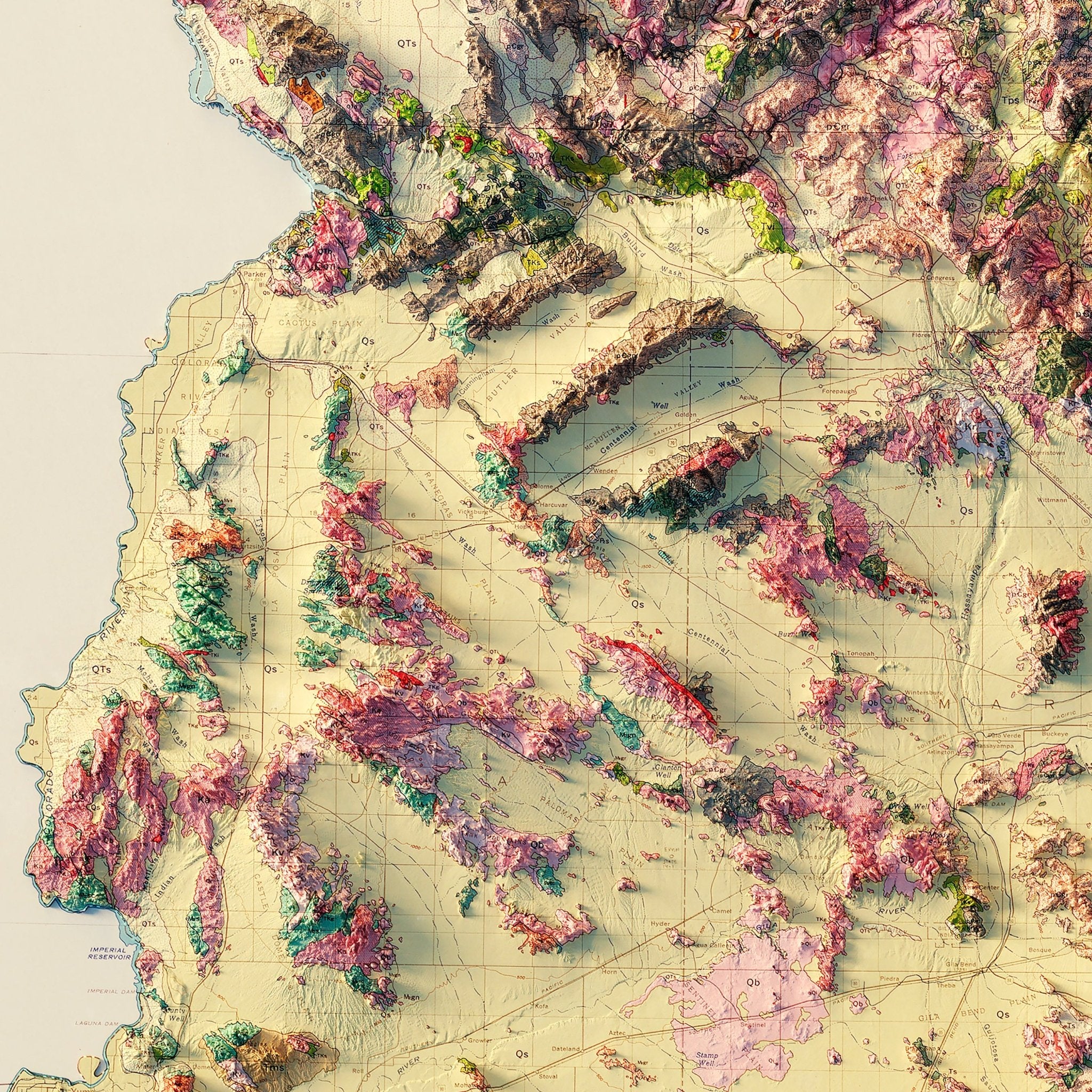 Arizona 1969 Shaded Relief Map | Vintage Geological map – Muir Way