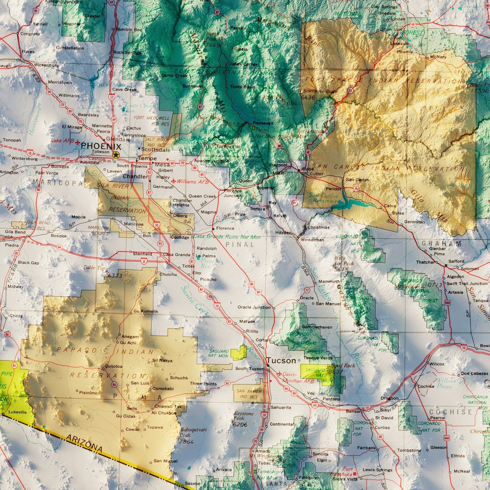 Arizona and New Mexico 1970 Shaded Relief Map | Cities & more