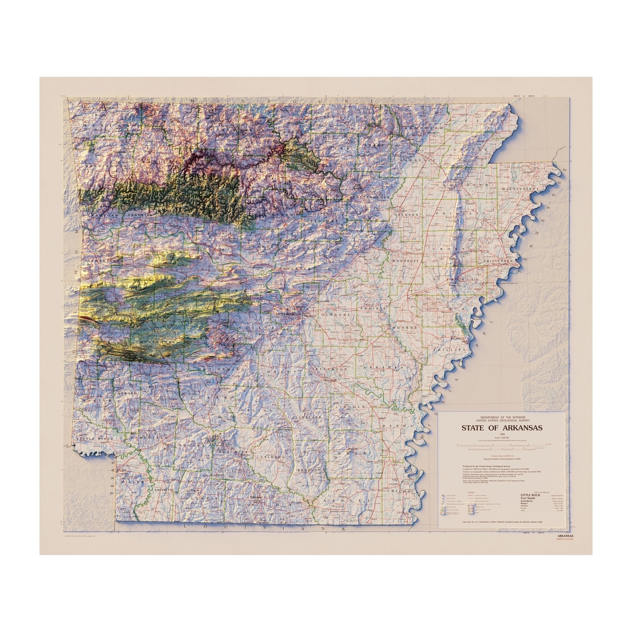 Arkansas 1990 Shaded Relief Map - Muir Way - Vintage Relief