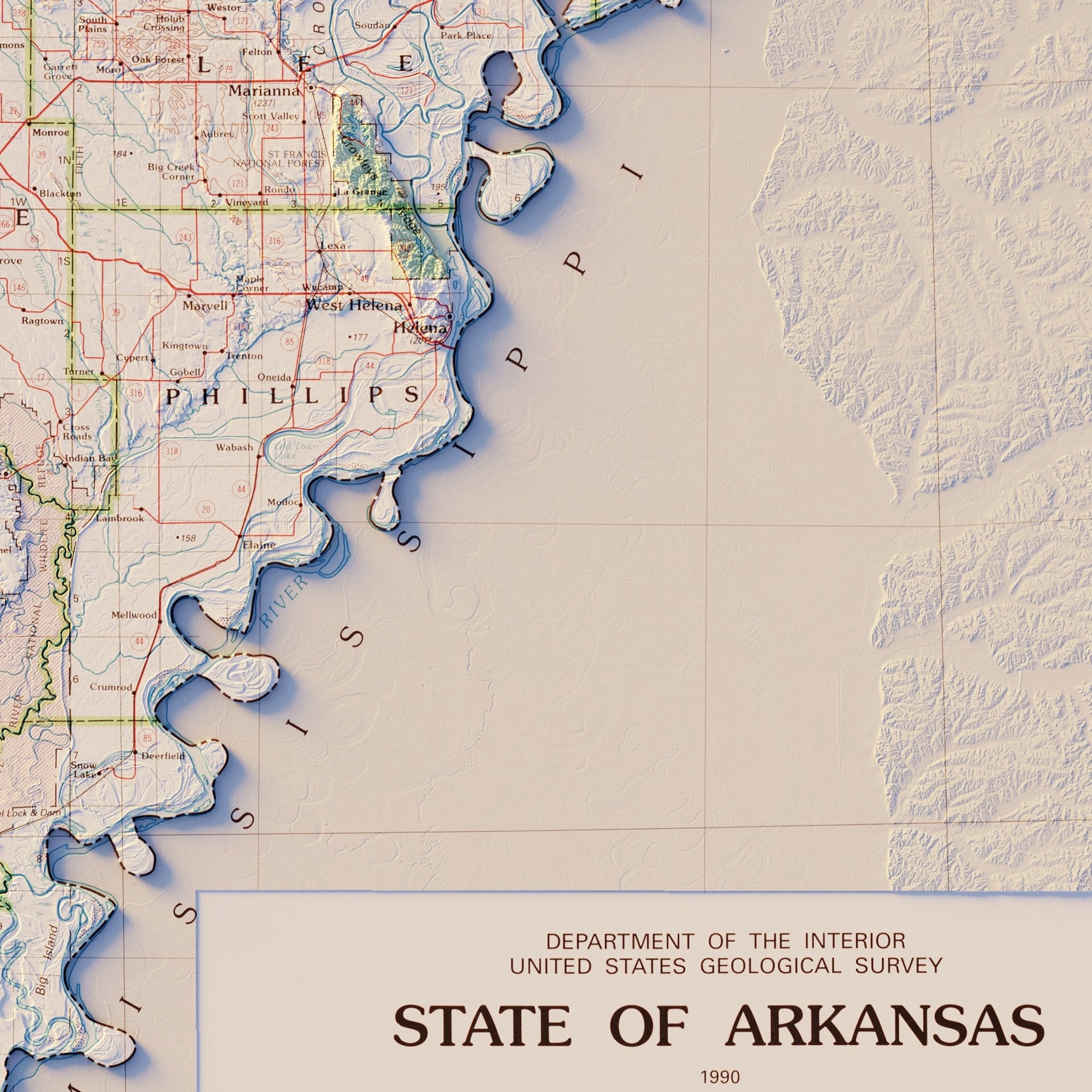 Arkansas 1990 Shaded Relief Map - Muir Way - Vintage Relief