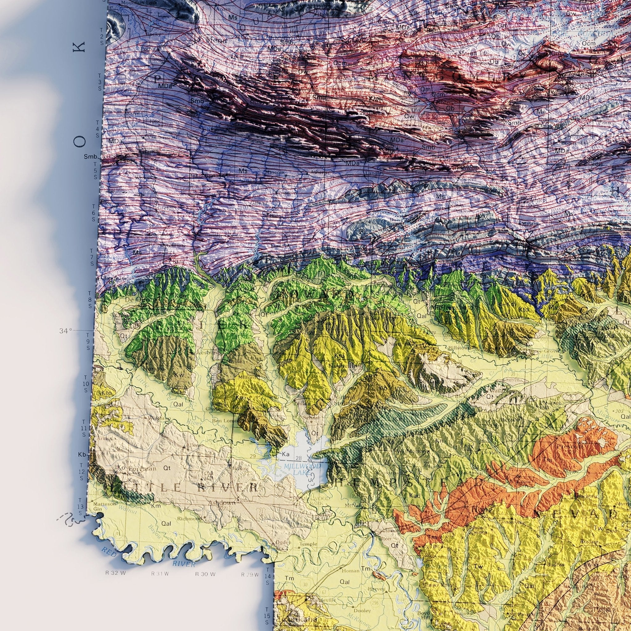 Arkansas 1993 Shaded Relief Map - Muir Way - Vintage Relief