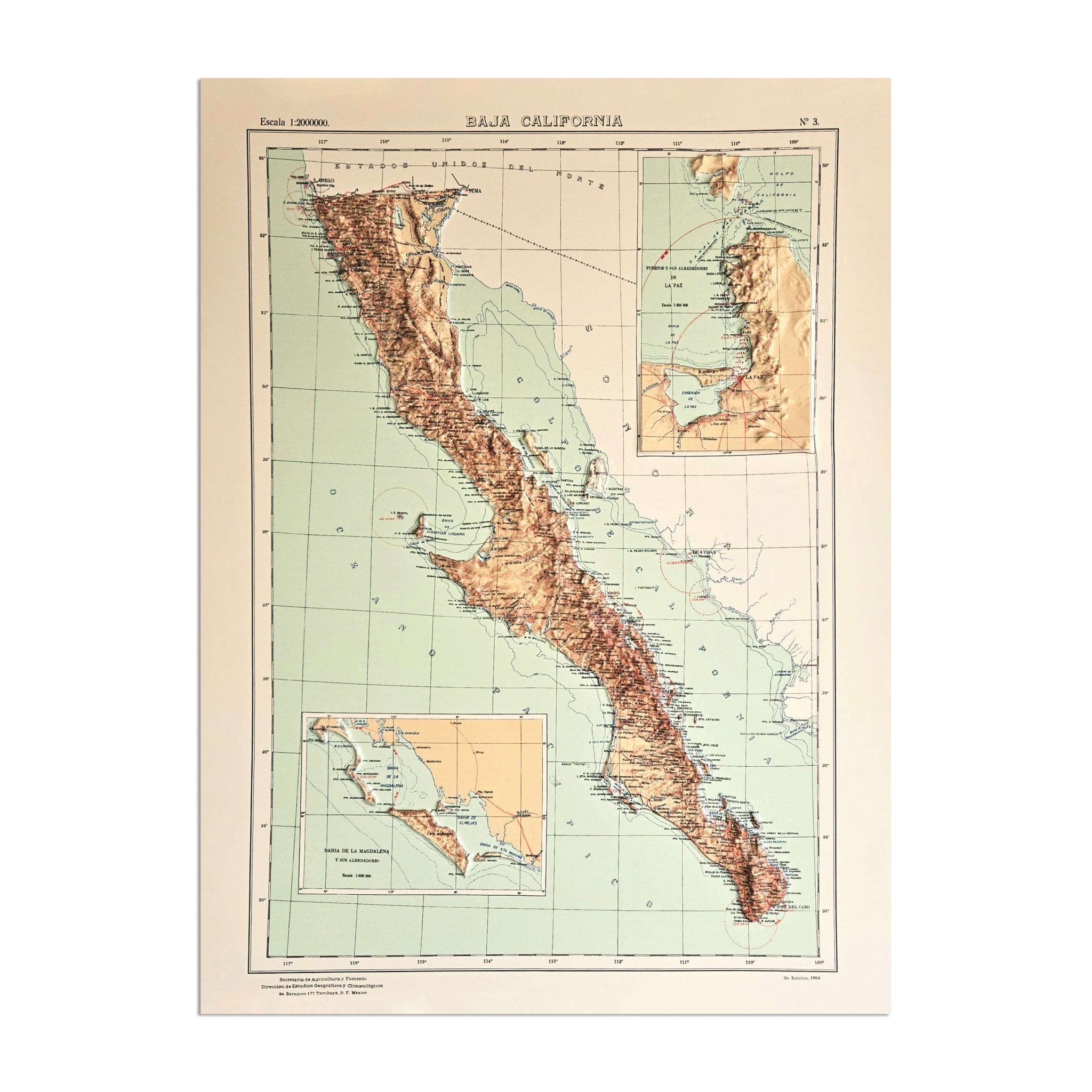 Baja California 1922 3D Raised Relief Map - Muir Way - 3D