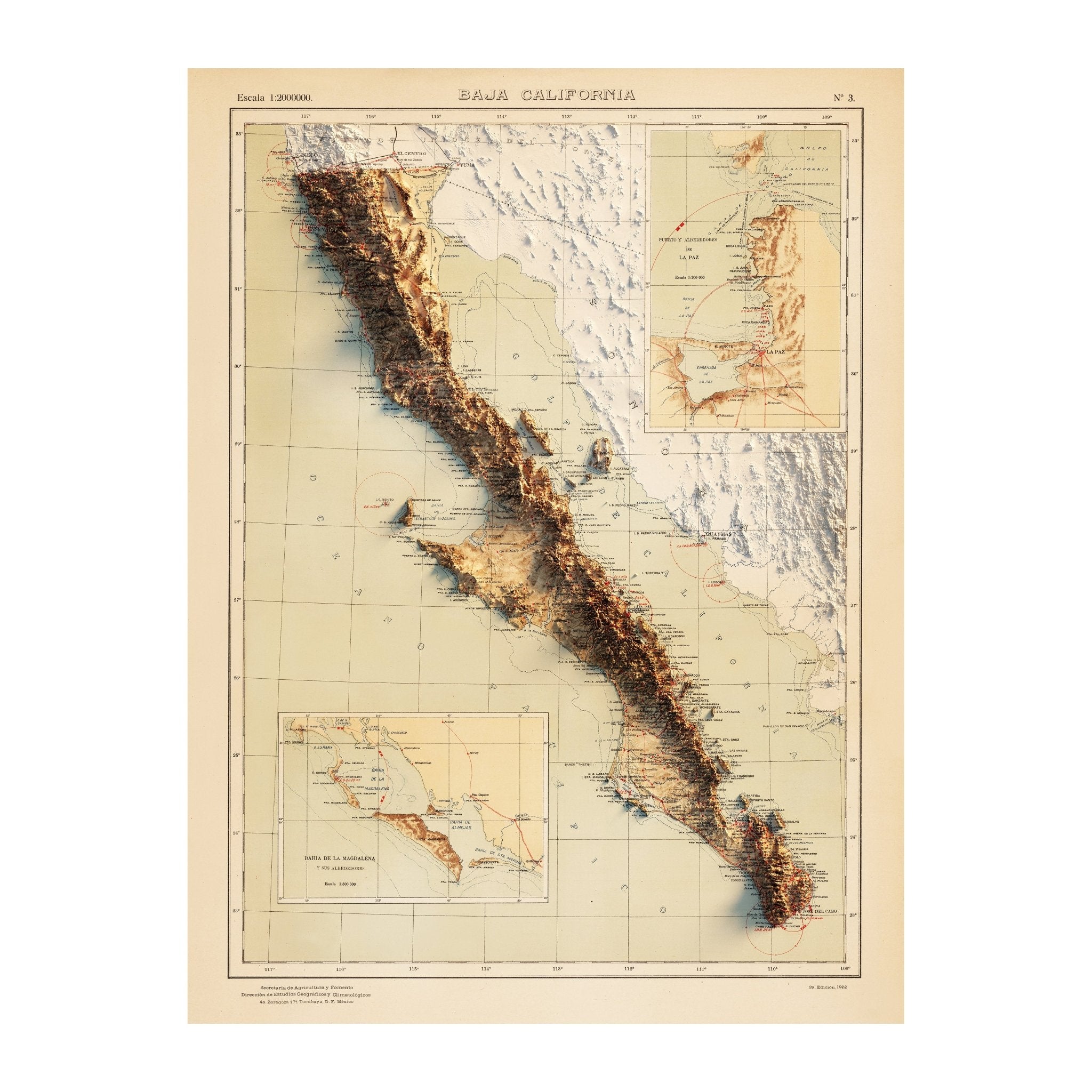 Baja, MX 1922 Shaded Relief Map - Muir Way - Vintage Relief