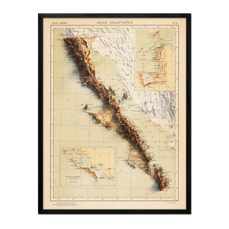 Baja, MX 1922 Shaded Relief Map - Muir Way - Vintage Relief