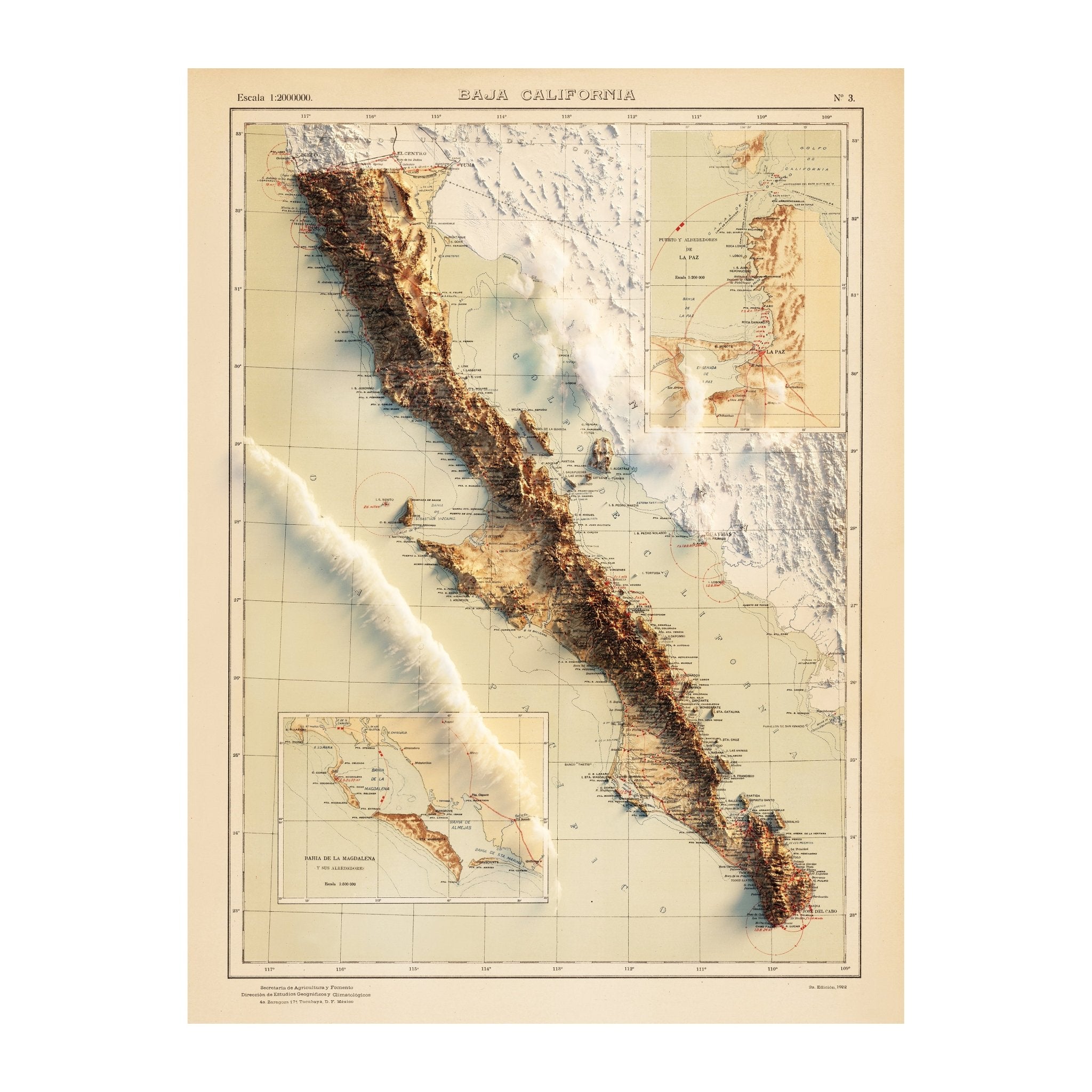 Baja, MX 1922 Shaded Relief Map - Muir Way - Vintage Relief