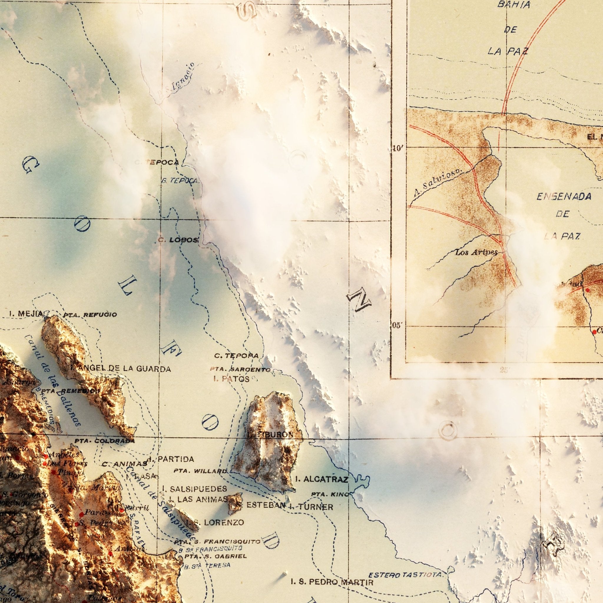 Baja, MX 1922 Shaded Relief Map - Muir Way - Vintage Relief