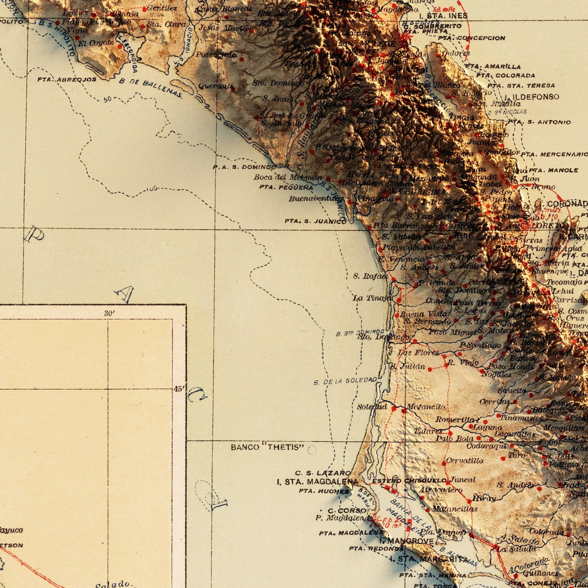 Baja, MX 1922 Shaded Relief Map - Muir Way - Vintage Relief