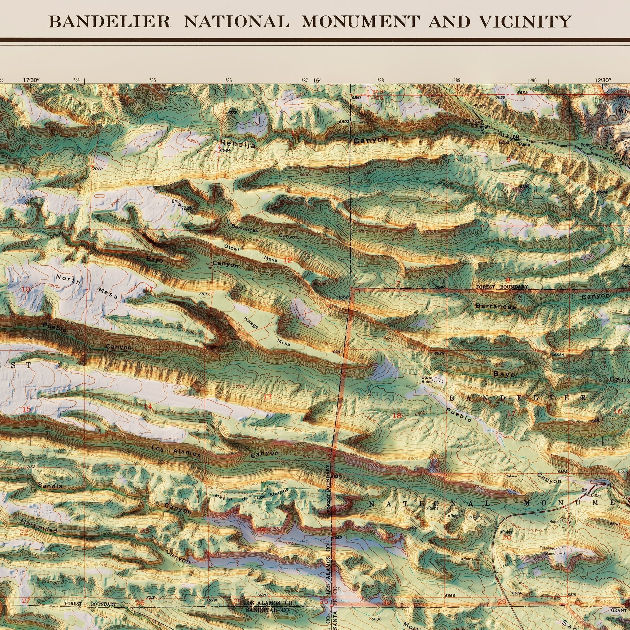 Bandelier 1953 Shaded Relief Map - Muir Way - Vintage Relief