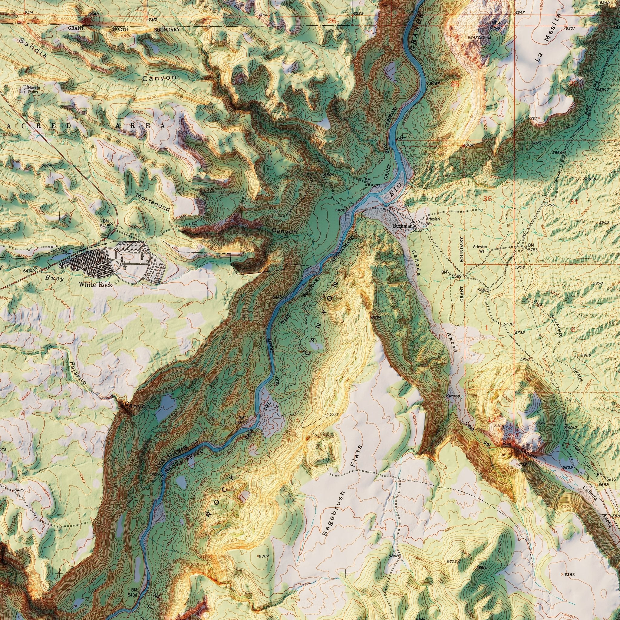 Bandelier 1953 Shaded Relief Map - Muir Way - Vintage Relief