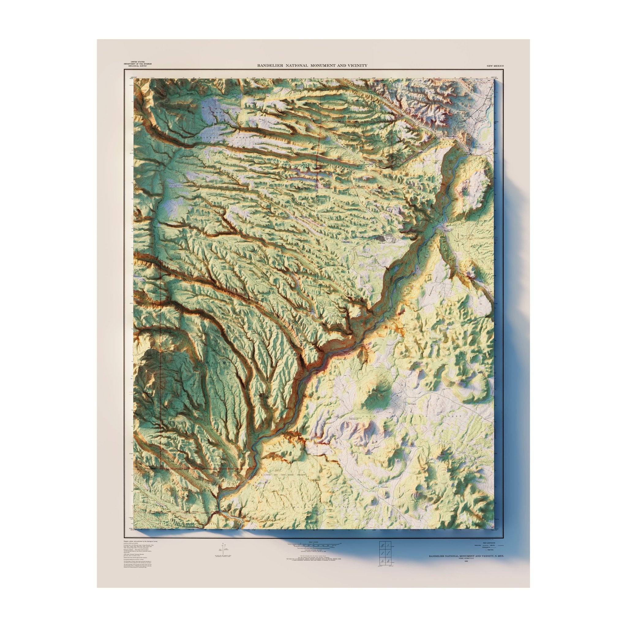 Bandelier 1953 Shaded Relief Map - Muir Way - Vintage Relief