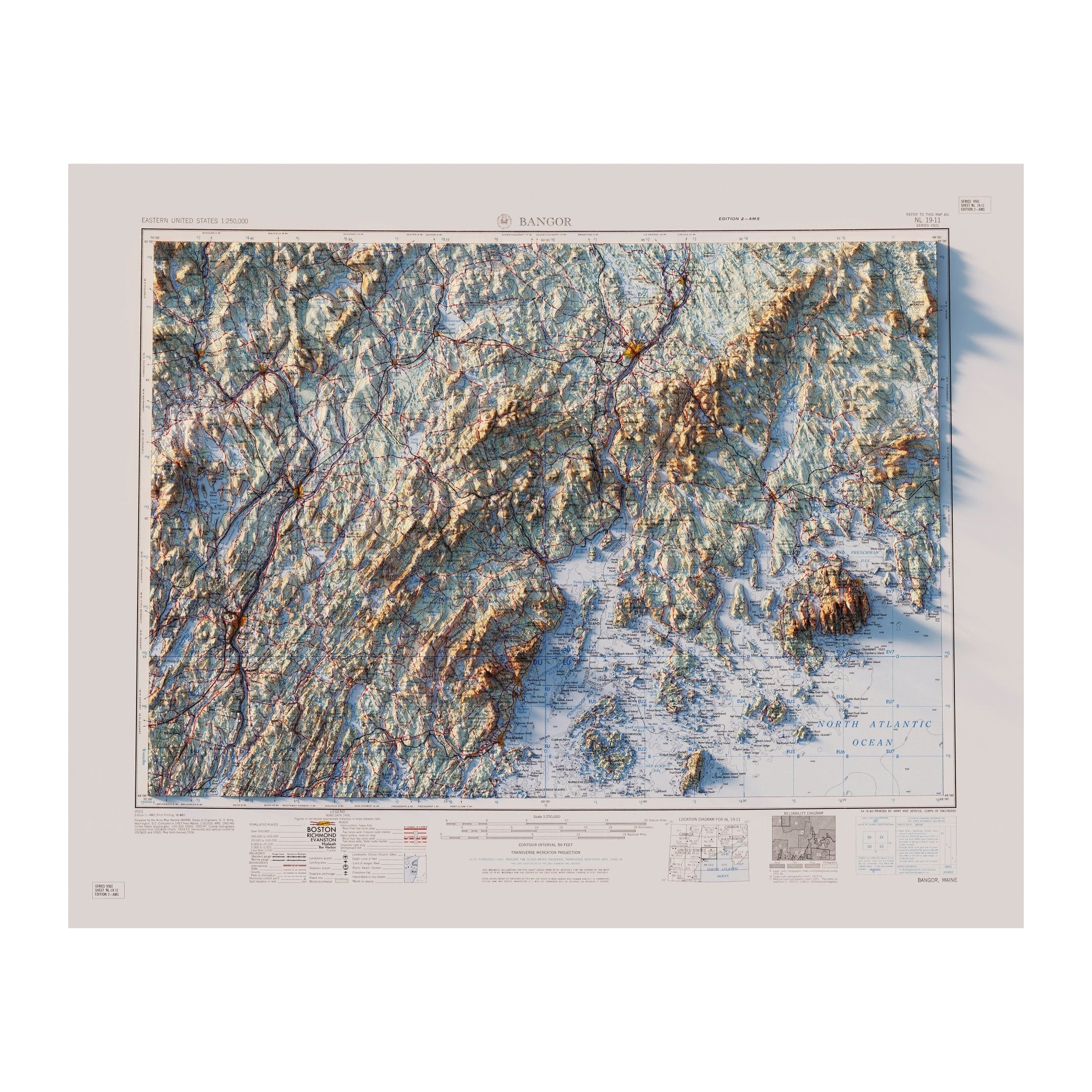 Bangor, Maine 1960 Shaded Relief Map - Muir Way - Vintage Relief
