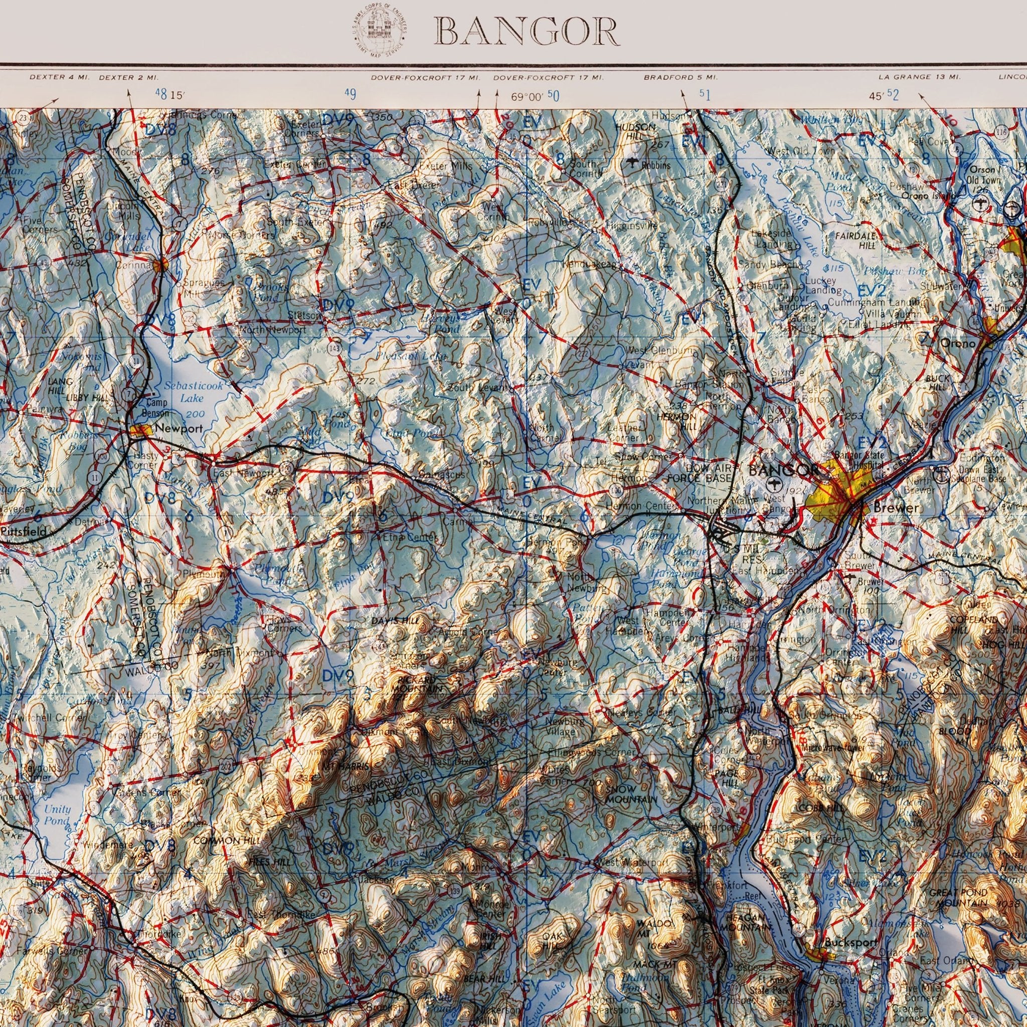 Bangor, Maine 1960 Shaded Relief Map - Muir Way - Vintage Relief