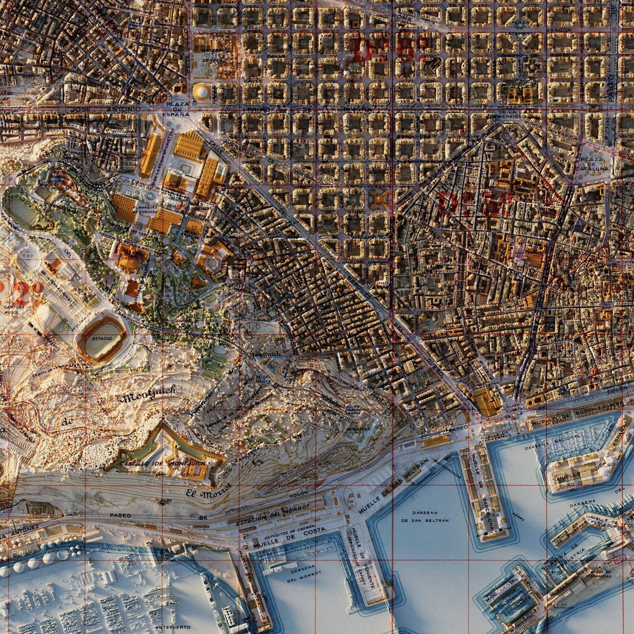 Barcelona 1958 Shaded Relief Map - Muir Way - Vintage Relief