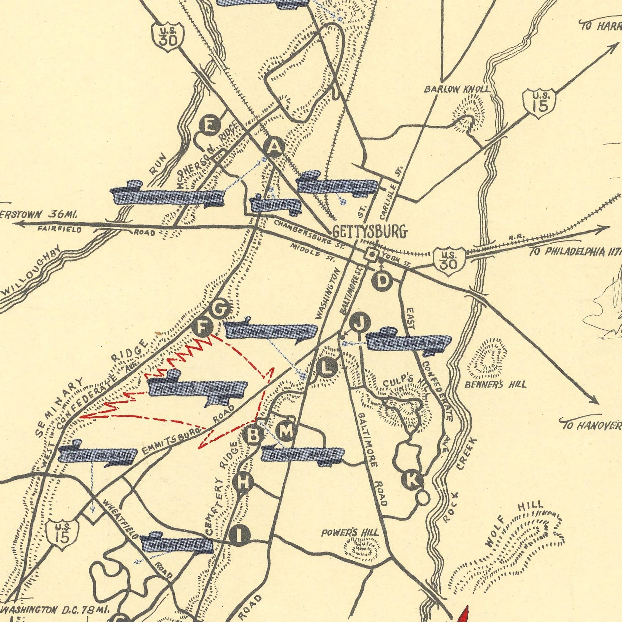 Battlefield of Gettysburg - Muir Way - Vintage Map