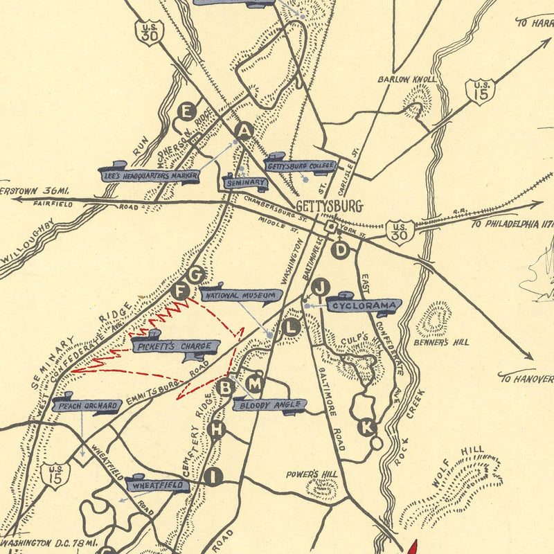 Battlefield of Gettysburg - Muir Way - Vintage Map