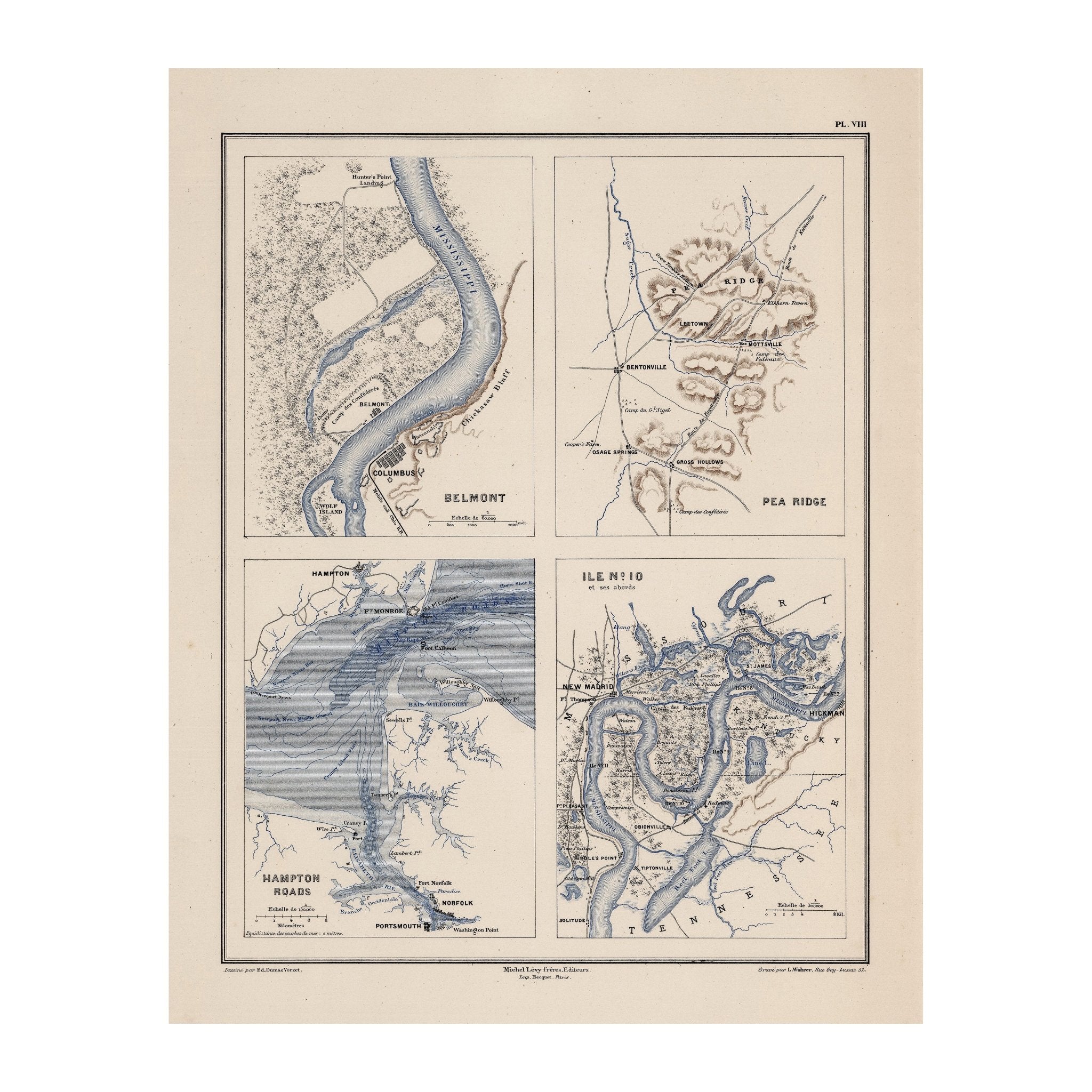 Belmont, Pea Ridge, Hampton Roads and Island Number 10 - Muir Way - Vintage Map