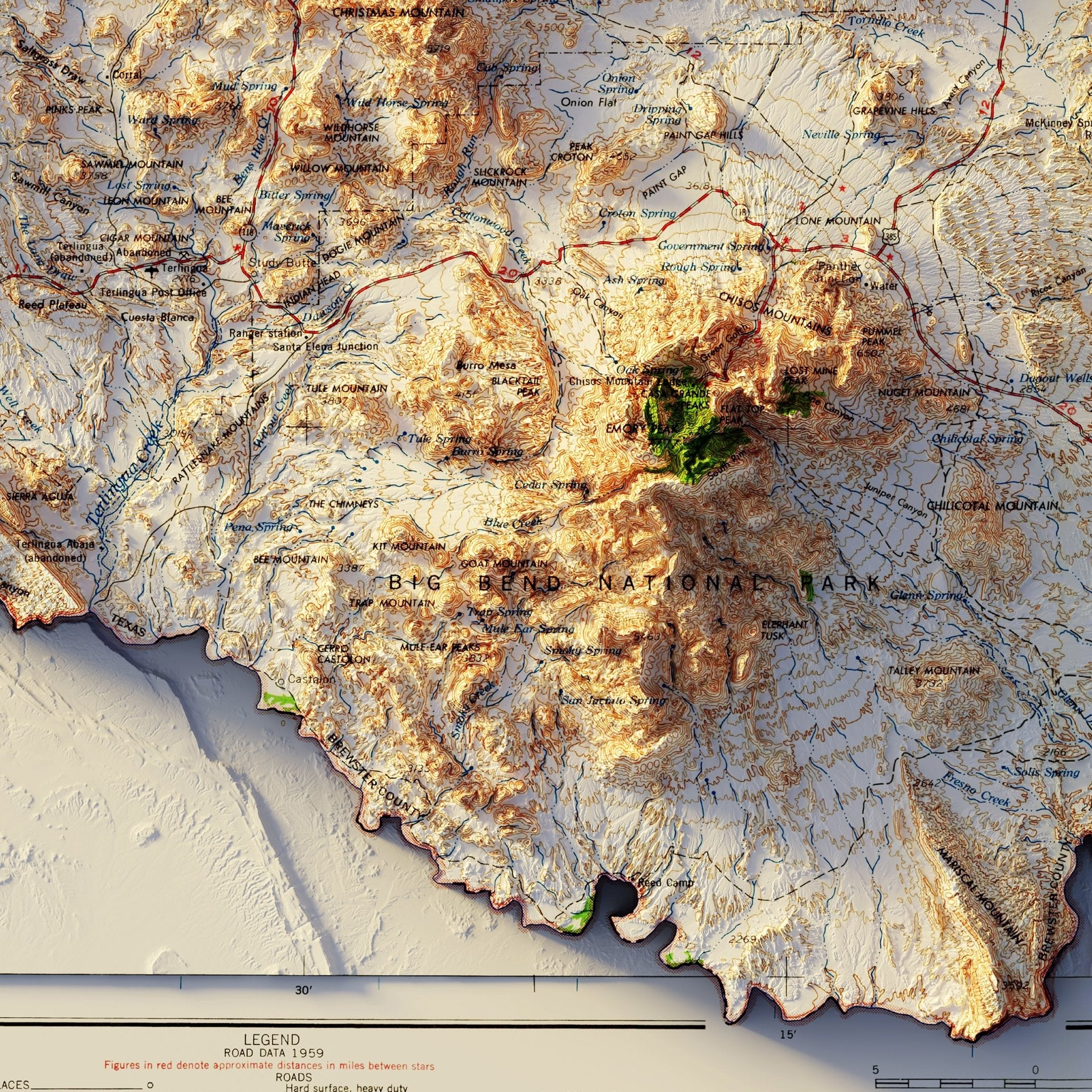 Big Bend 1965 Shaded Relief Map - Muir Way - Vintage Relief